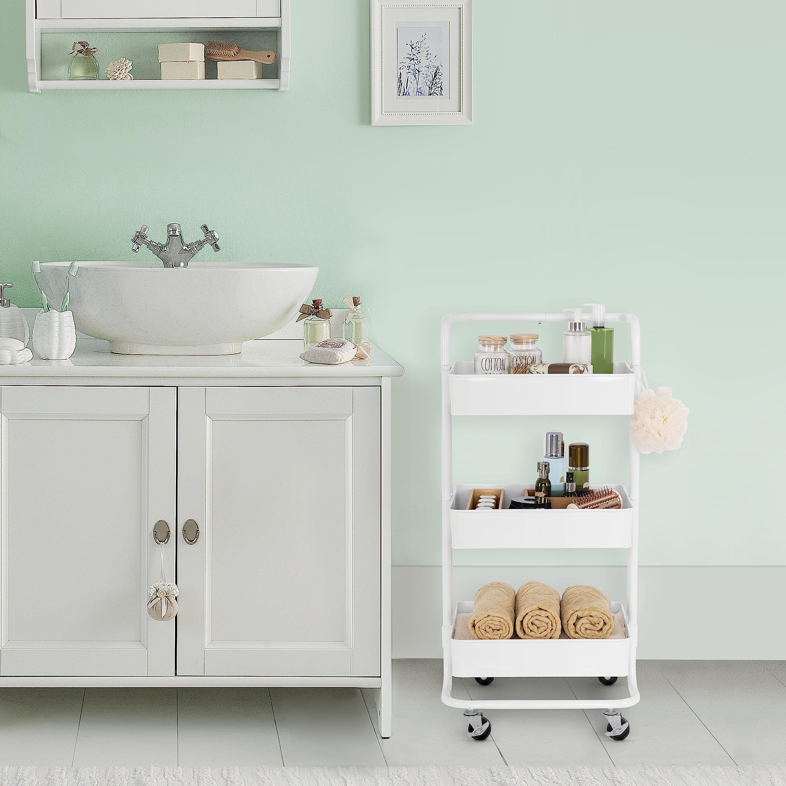 Seville Classics 3 Bin Metal Rolling Storage Utility Cart Organizer Trolley w/Lockable Wheels for Office, Art Supplies, School, Salon, Kitchen, Garage, Home, White w/Handle - Image 4