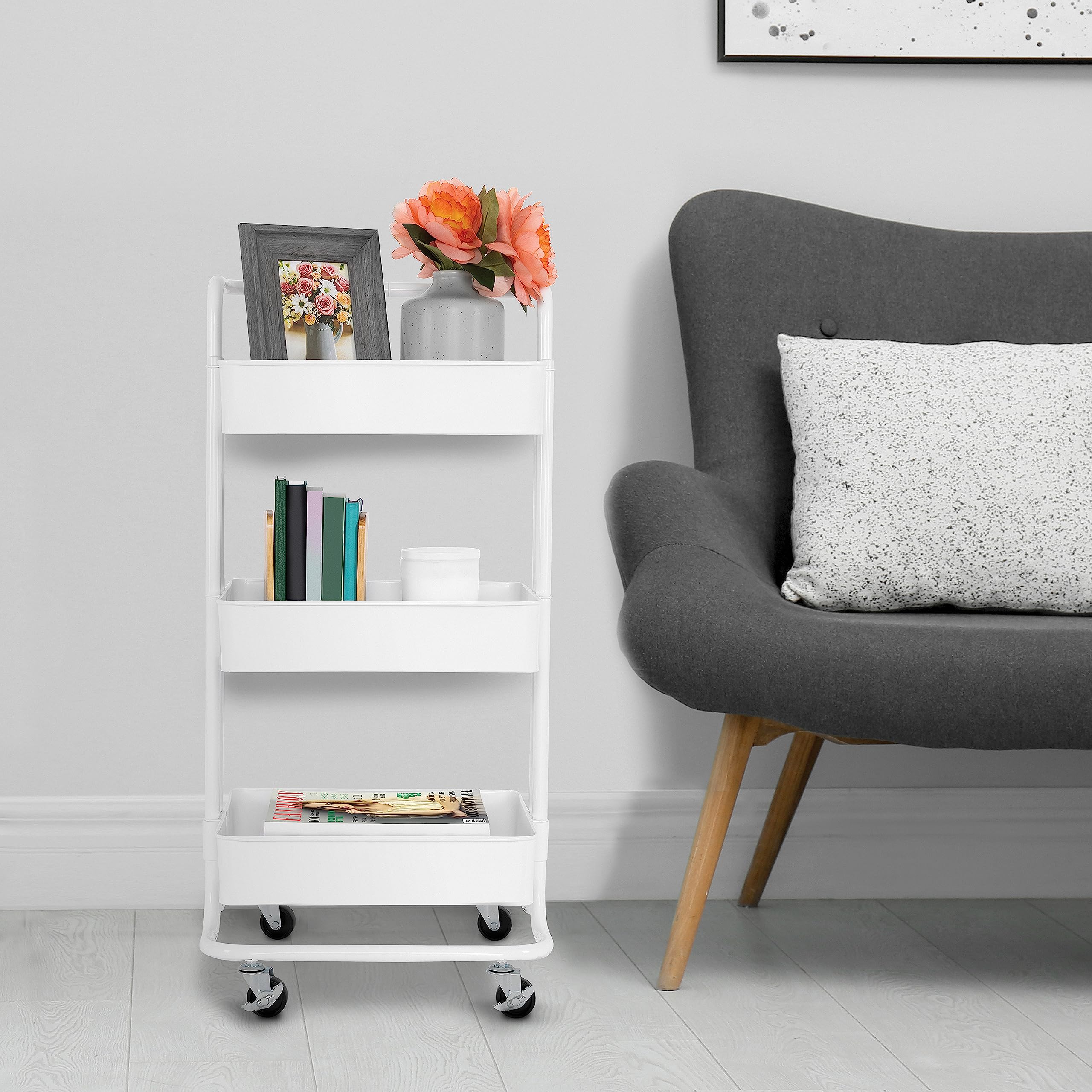 Seville Classics 3 Bin Metal Rolling Storage Utility Cart Organizer Trolley w/Lockable Wheels for Office, Art Supplies, School, Salon, Kitchen, Garage, Home, White w/Handle - Image 6