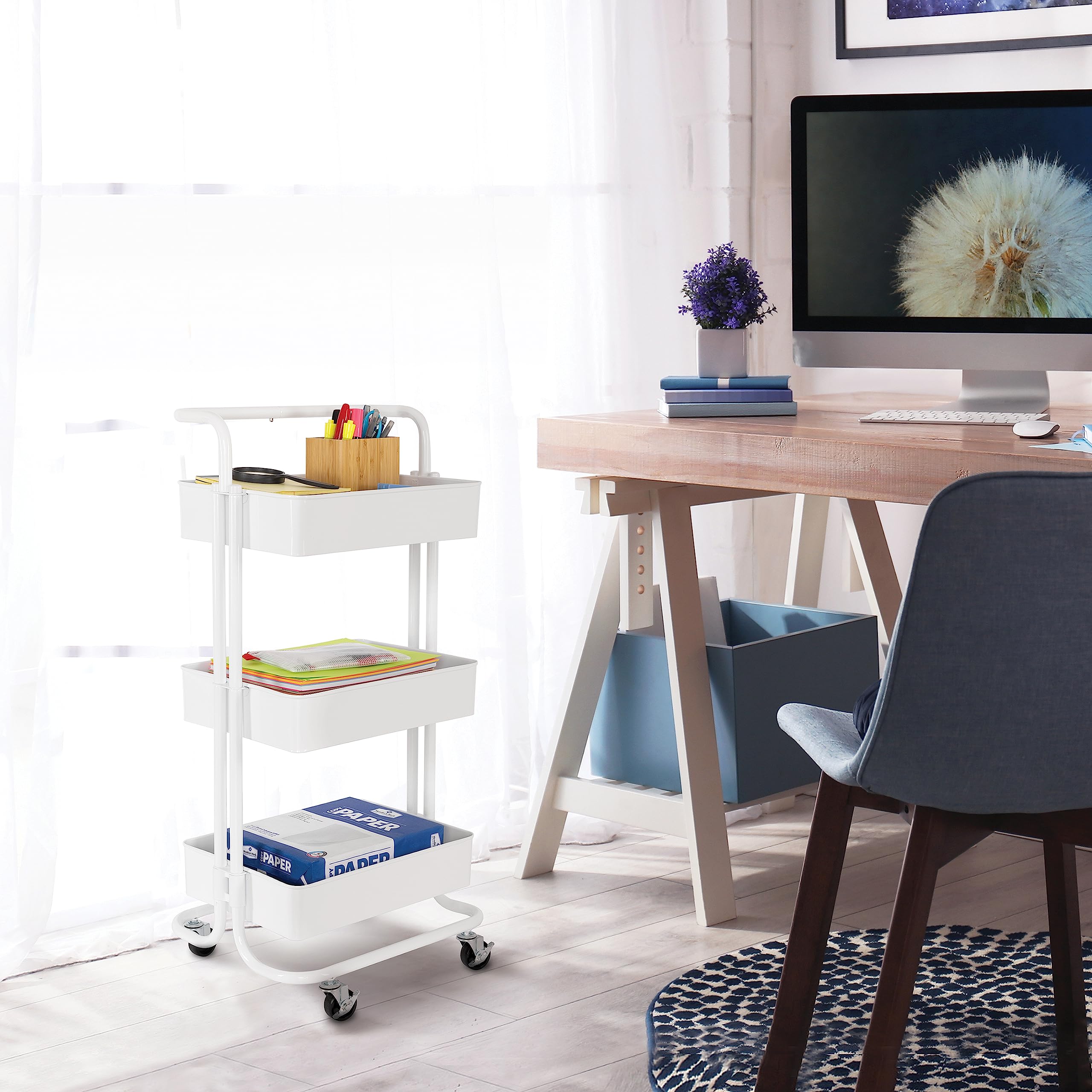 Seville Classics 3 Bin Metal Rolling Storage Utility Cart Organizer Trolley w/Lockable Wheels for Office, Art Supplies, School, Salon, Kitchen, Garage, Home, White w/Handle - Image 7