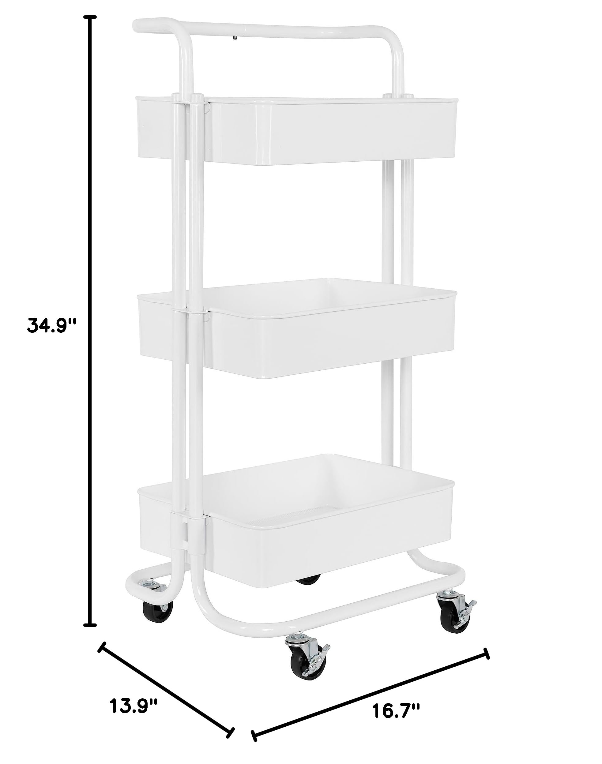 Seville Classics 3 Bin Metal Rolling Storage Utility Cart Organizer Trolley w/Lockable Wheels for Office, Art Supplies, School, Salon, Kitchen, Garage, Home, White w/Handle - Image 8
