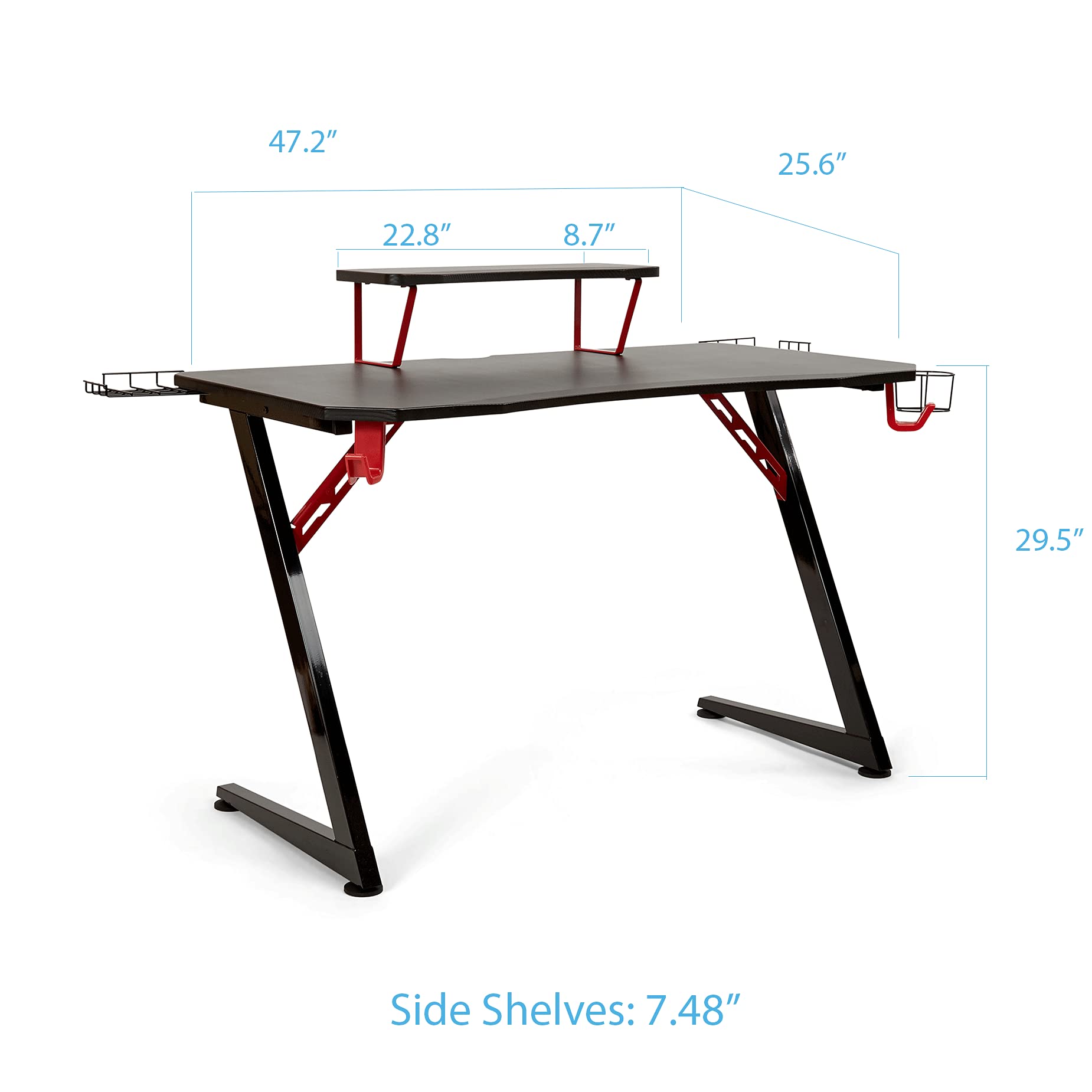 Seville Classics airLIFT Computer Writing Desk w/ Headset, Cup, Speaker Holders, Monitor Riser Table, Modern Work for Home Office Workstation, Black/Red, 47" Carbon Fiber Z Frame - Image 3