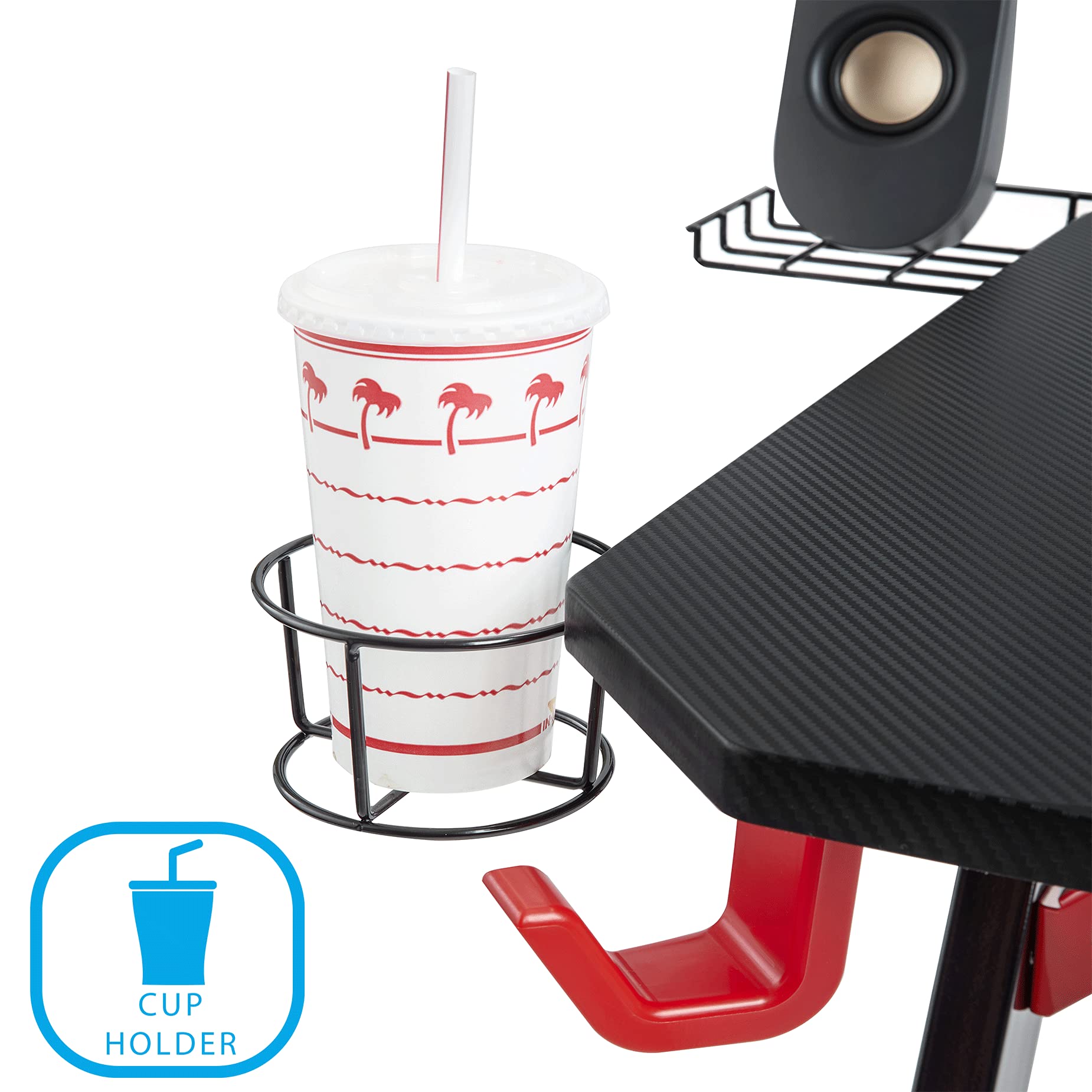 Seville Classics airLIFT Computer Writing Desk w/ Headset, Cup, Speaker Holders, Monitor Riser Table, Modern Work for Home Office Workstation, Black/Red, 47" Carbon Fiber Z Frame - Image 4