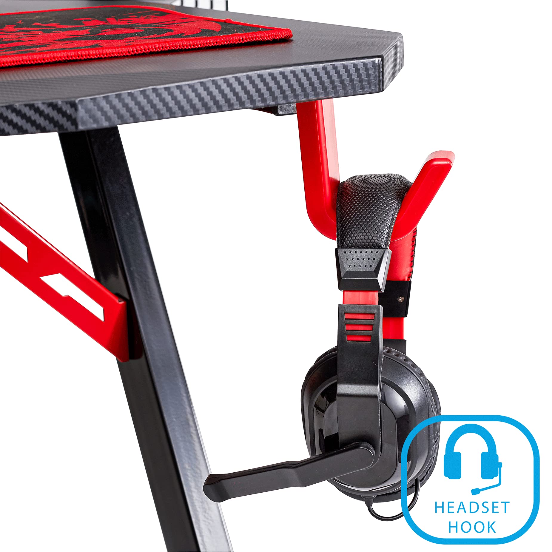 Seville Classics airLIFT Computer Writing Desk w/ Headset, Cup, Speaker Holders, Monitor Riser Table, Modern Work for Home Office Workstation, Black/Red, 47" Carbon Fiber Z Frame - Image 5
