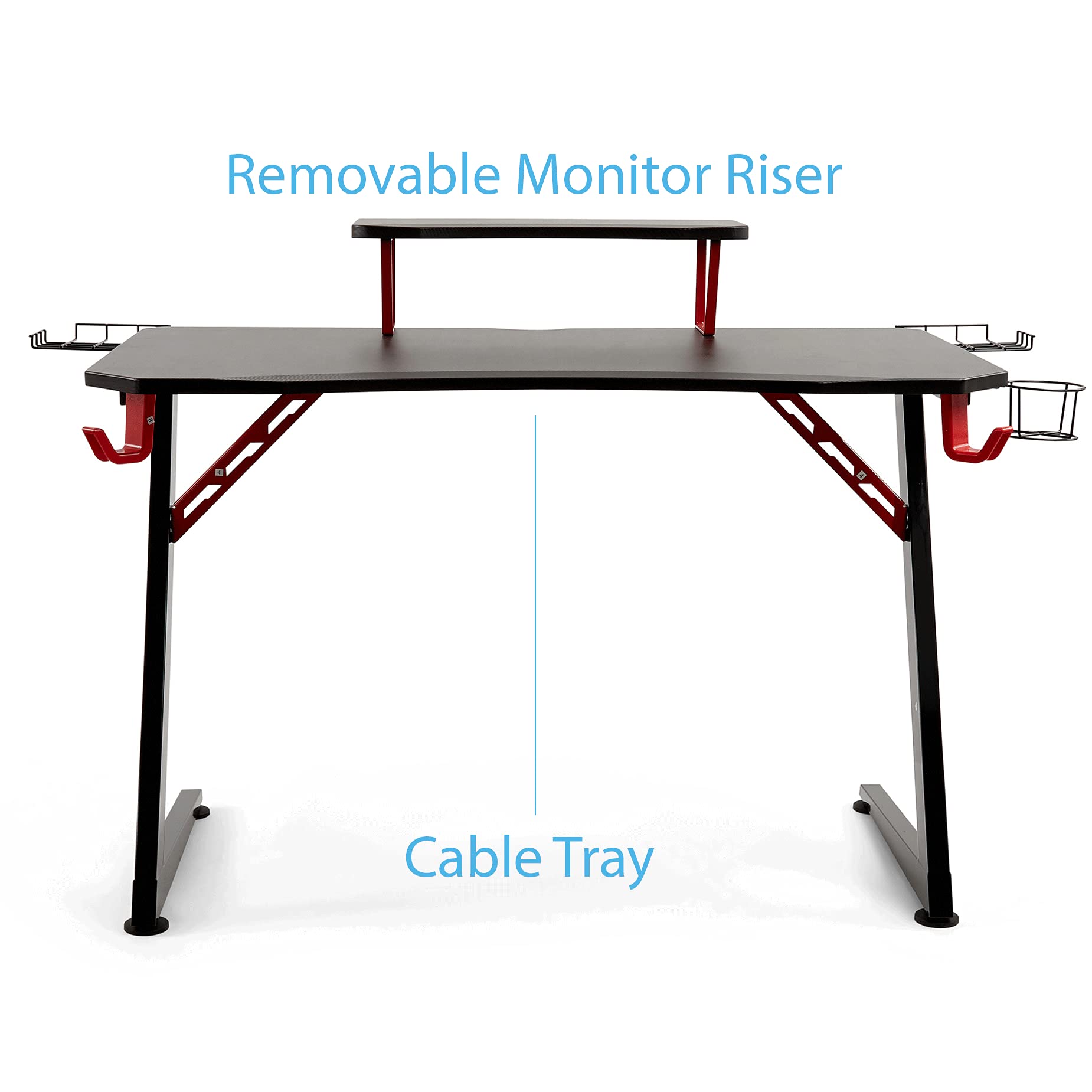 Seville Classics airLIFT Computer Writing Desk w/ Headset, Cup, Speaker Holders, Monitor Riser Table, Modern Work for Home Office Workstation, Black/Red, 47" Carbon Fiber Z Frame - Image 6