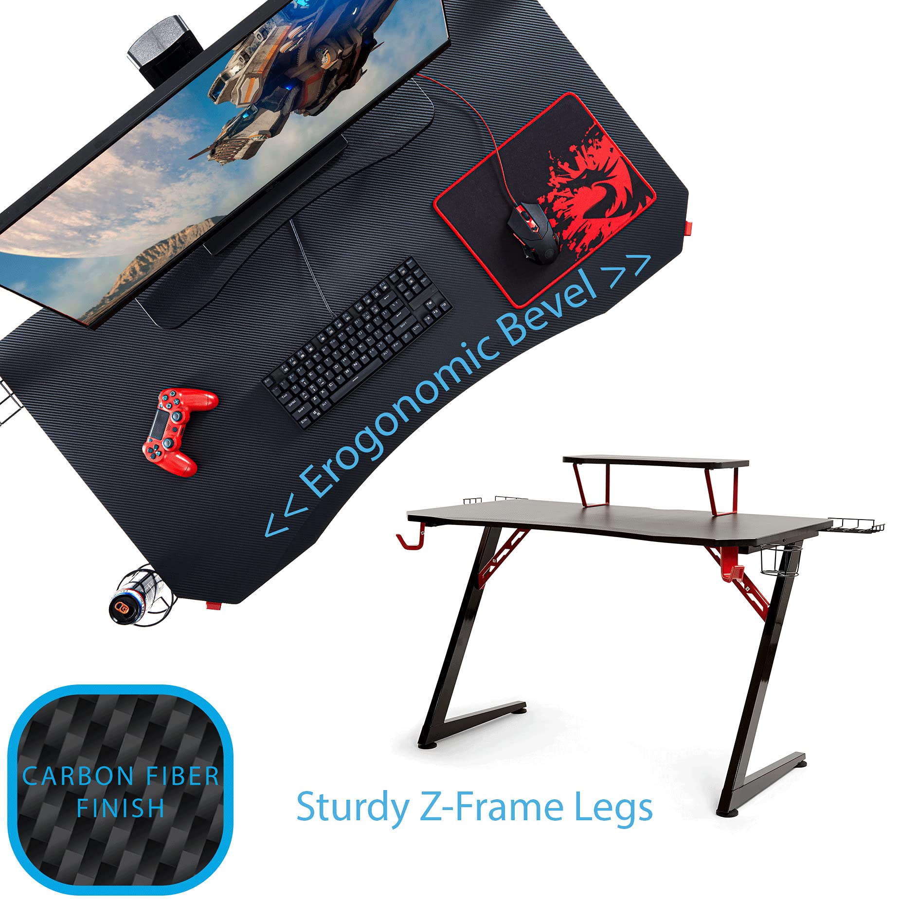 Seville Classics airLIFT Computer Writing Desk w/ Headset, Cup, Speaker Holders, Monitor Riser Table, Modern Work for Home Office Workstation, Black/Red, 47" Carbon Fiber Z Frame - Image 7