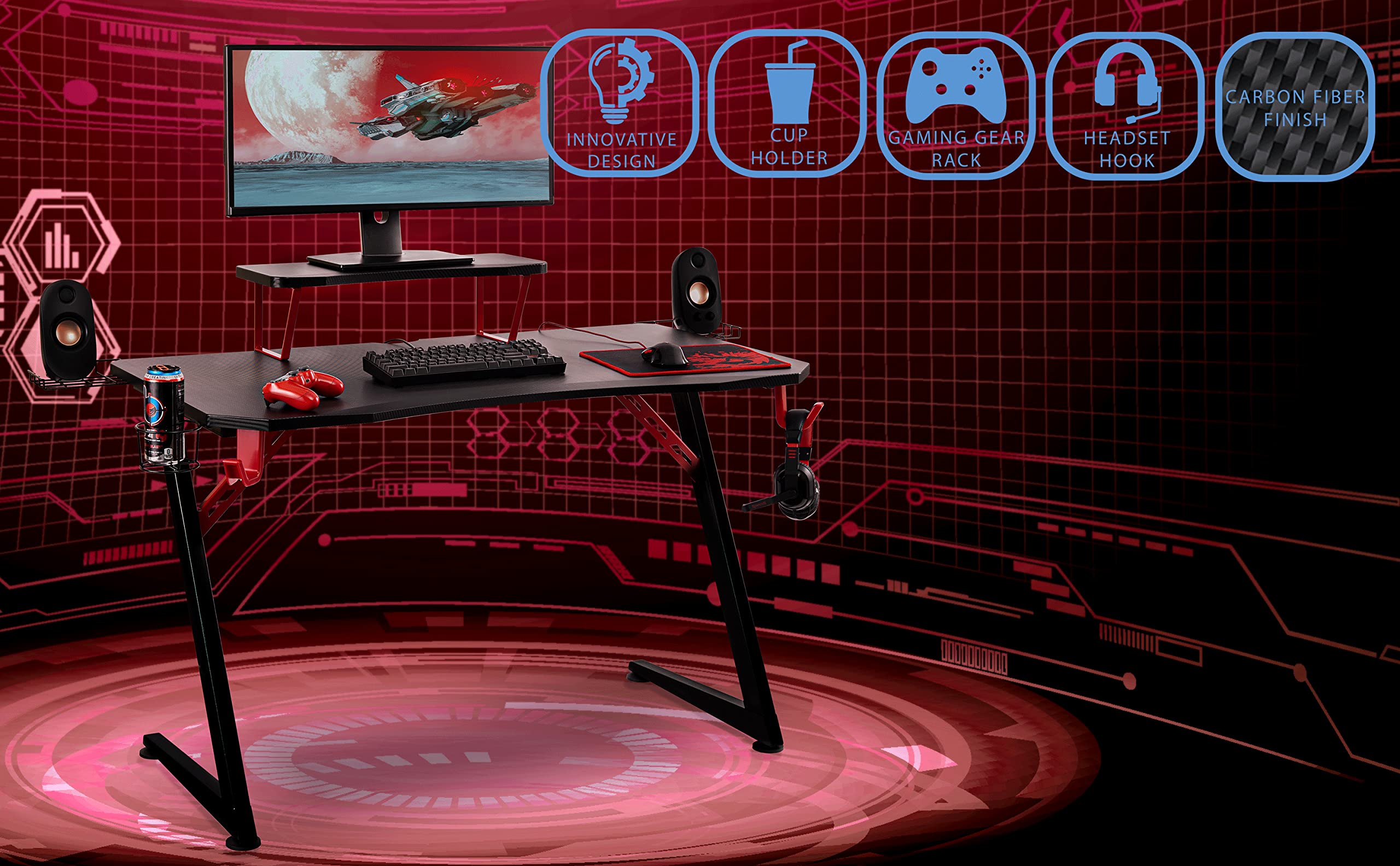 Seville Classics airLIFT Computer Writing Desk w/ Headset, Cup, Speaker Holders, Monitor Riser Table, Modern Work for Home Office Workstation, Black/Red, 47" Carbon Fiber Z Frame - Image 8