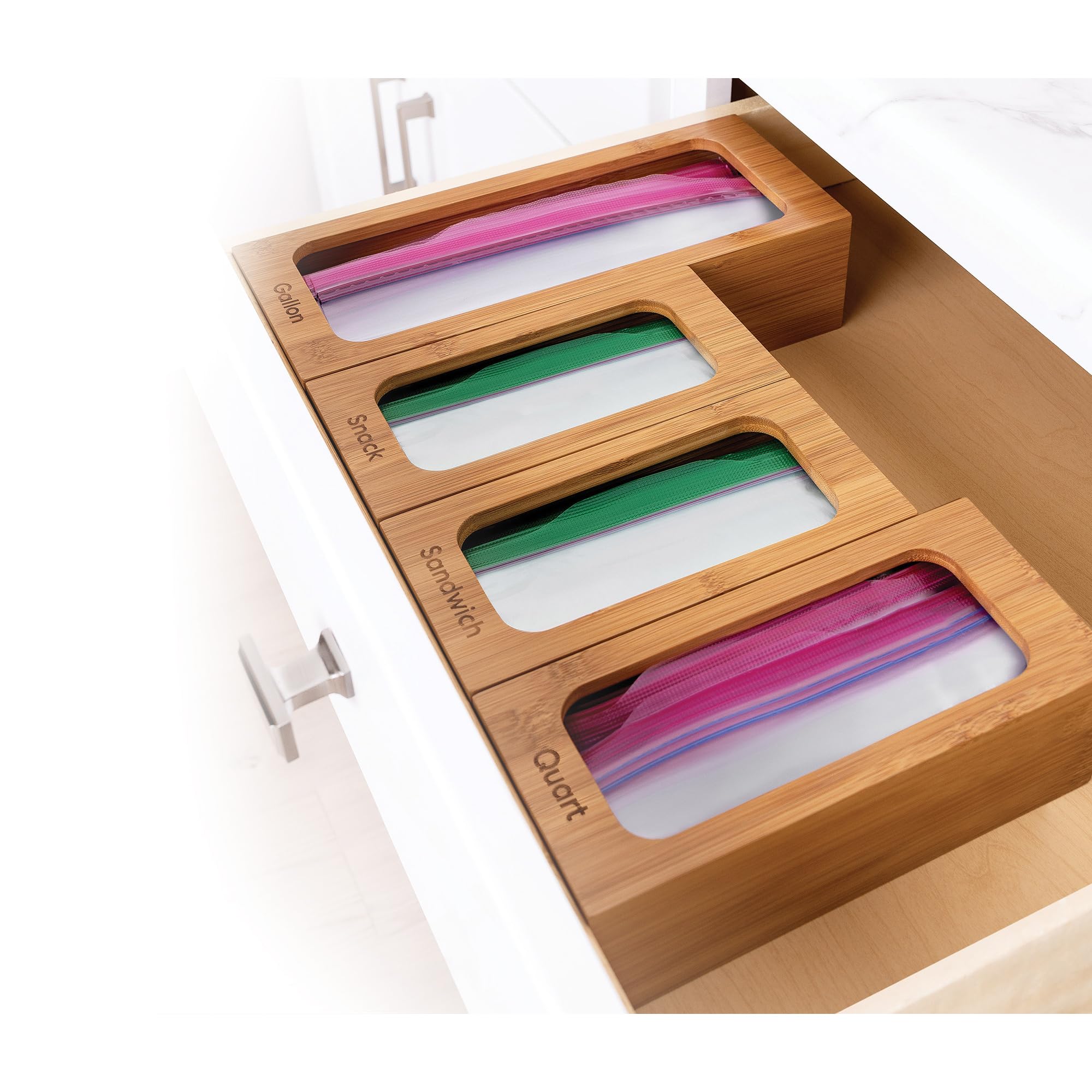 Seville Classics Bamboo Premium Organizer Storage Bins for Kitchen Silverware, Pantry, Closet, Office Desk, Pens, Utensils, Makeup, K Cup, Bamboo, Bag Holder Bin Set (4 Piece) - Image 4