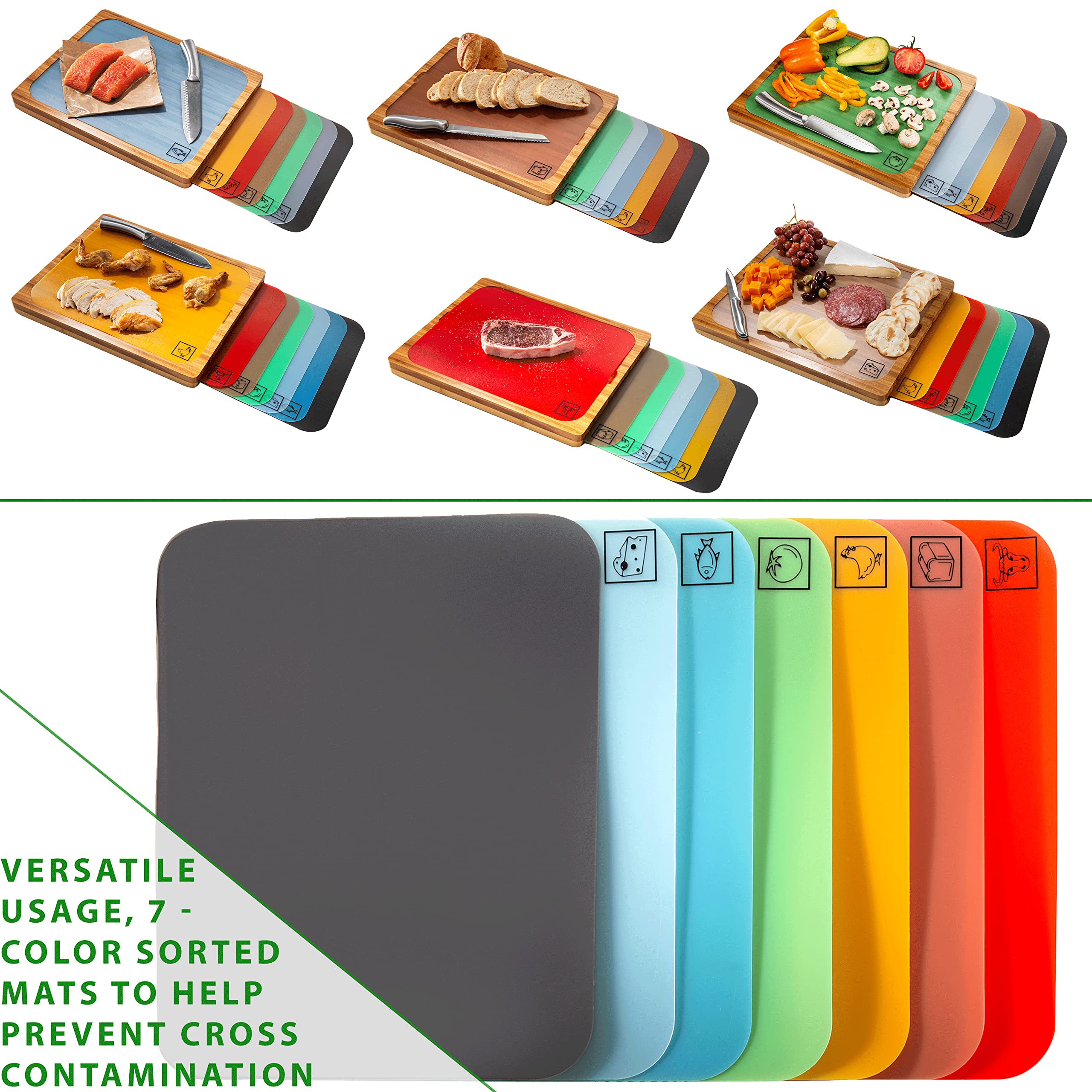 Seville Classics Bamboo Premium Wood Cutting Board Serving Tray w/ 7 Color-Coded BPA-Free Mats, for Chopping Bread, Cheese, Fruits, Vegetables, Meats, Charcuterie (PATENTED), Bamboo (NEW MODEL) - Image 5