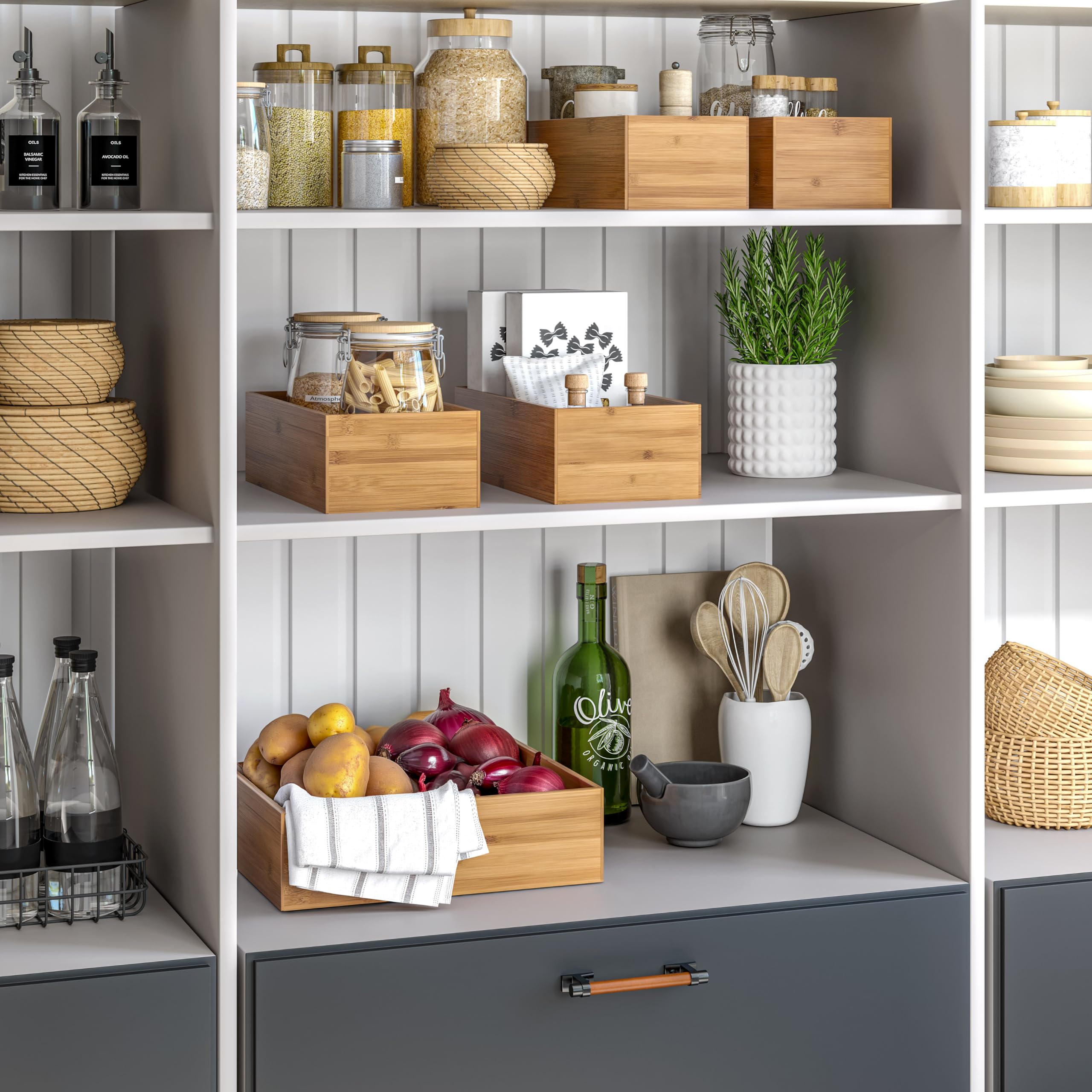 Seville Classics Bamboo Wood Storage Bins Organizer Boxes for Kitchen Counter, Pantry, Closet, Office Bedroom, Makeup, Bathroom, Nursery, K Cup, 5 Piece 3-Size (1 XL, 2L, 2M) Shelf Bin Set, Bamboo - Image 4