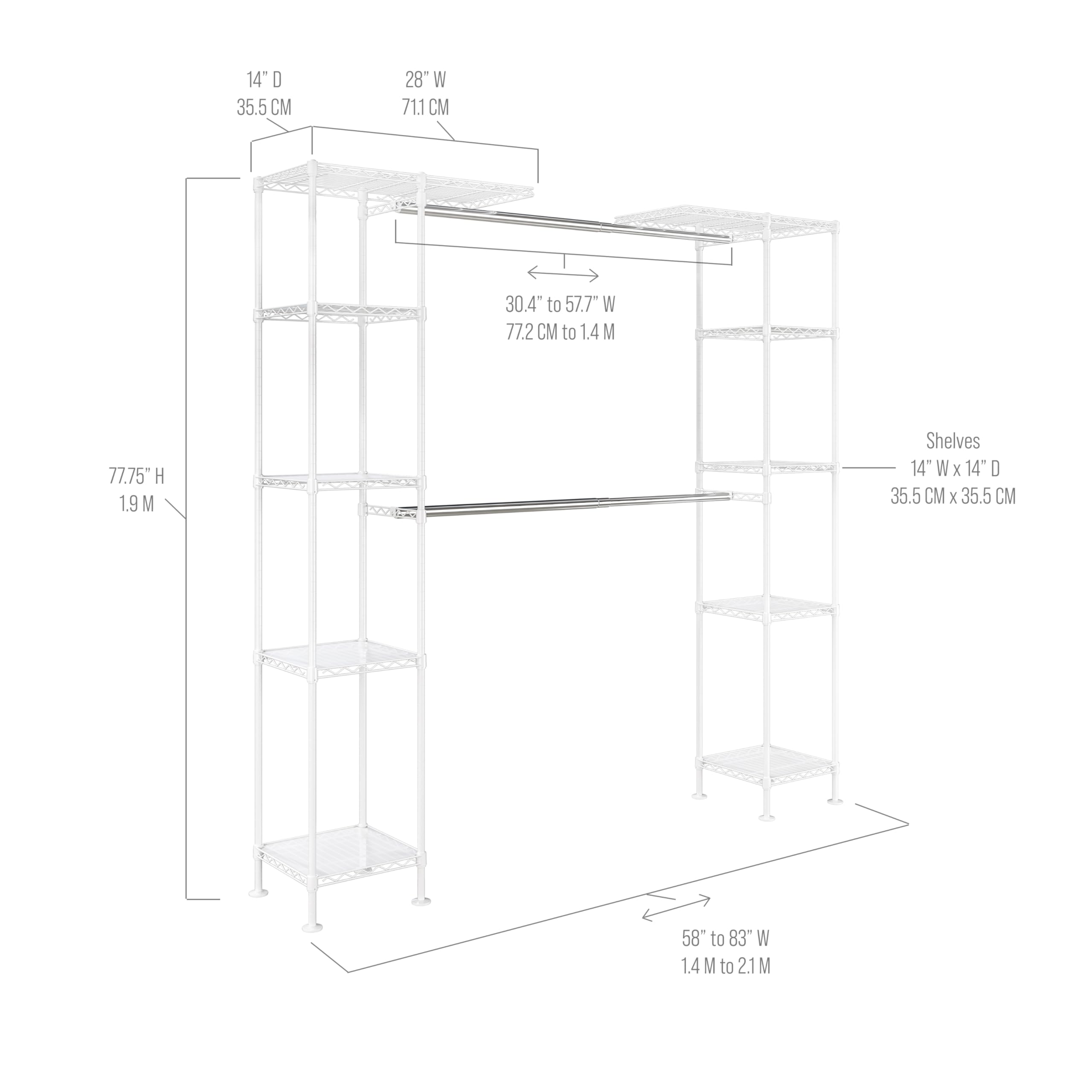 Seville Classics Closet Garment Organizer with Metal Hanging Rod Wardrobe Storage System, w/ Steel Shelves for Clothes, Shirts, Jackets, Coats, Blankets, Shoes, White, Expandable Rack - Image 12