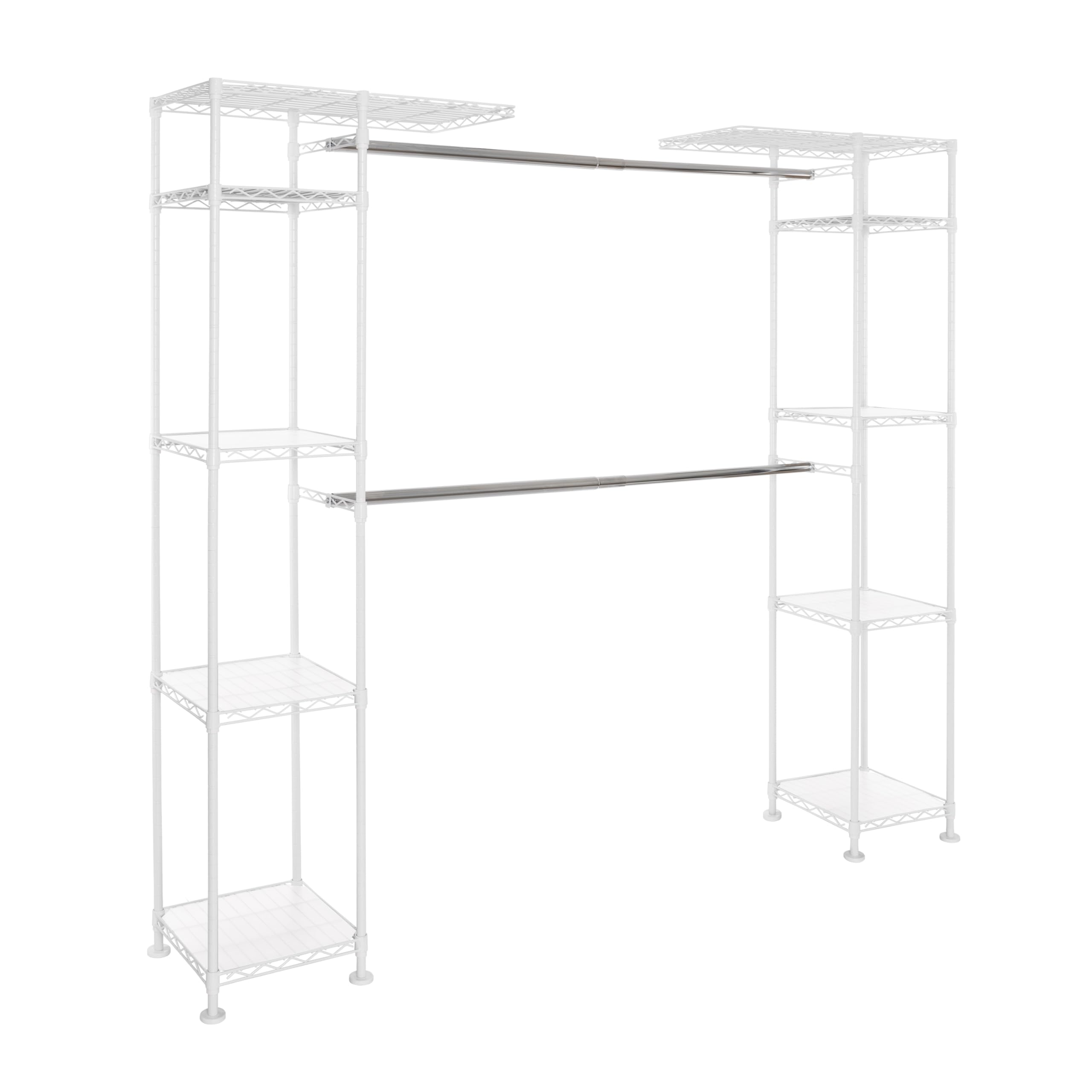 Seville Classics Closet Garment Organizer with Metal Hanging Rod Wardrobe Storage System, w/ Steel Shelves for Clothes, Shirts, Jackets, Coats, Blankets, Shoes, White, Expandable Rack - Image 4