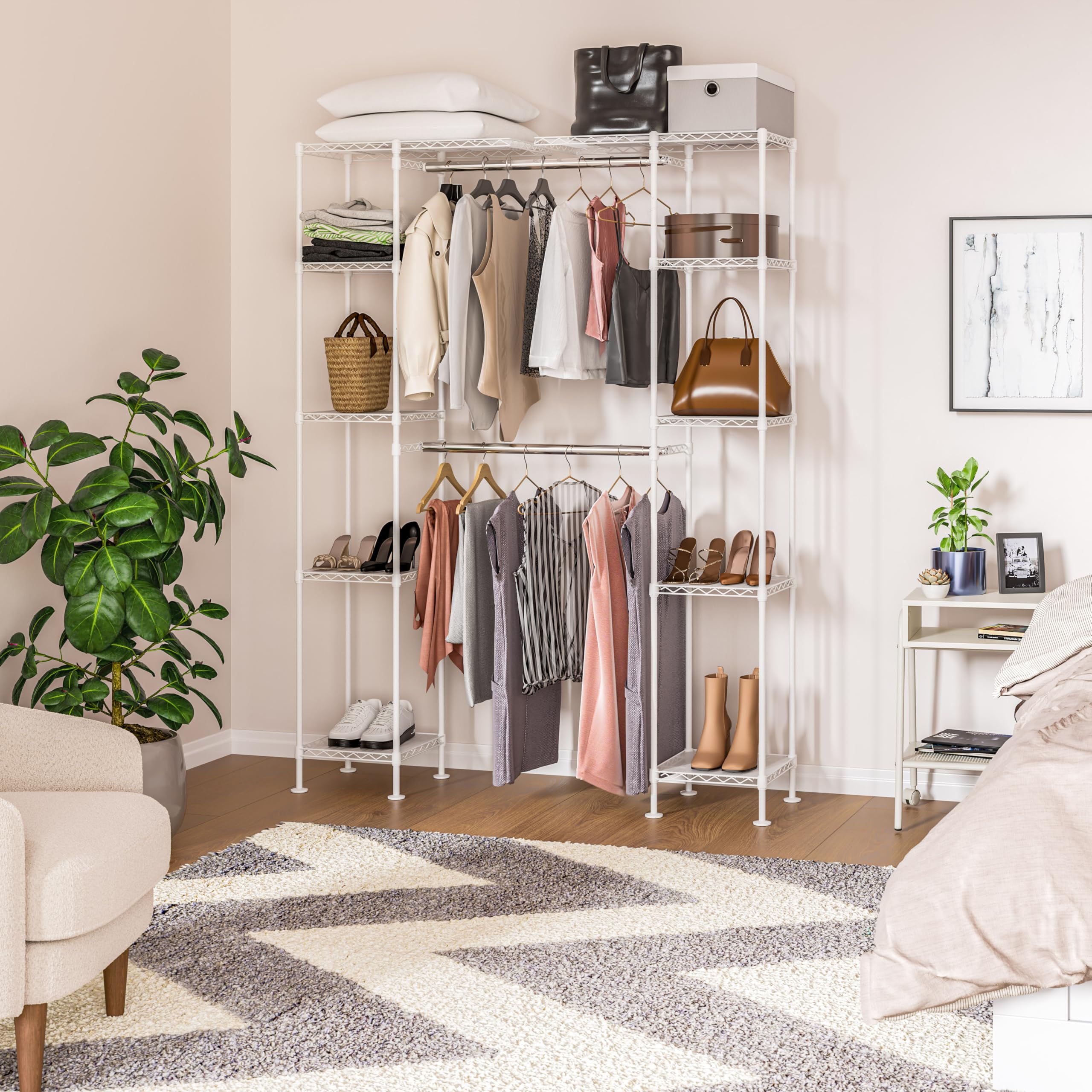 Seville Classics Closet Garment Organizer with Metal Hanging Rod Wardrobe Storage System, w/ Steel Shelves for Clothes, Shirts, Jackets, Coats, Blankets, Shoes, White, Expandable Rack - Image 5