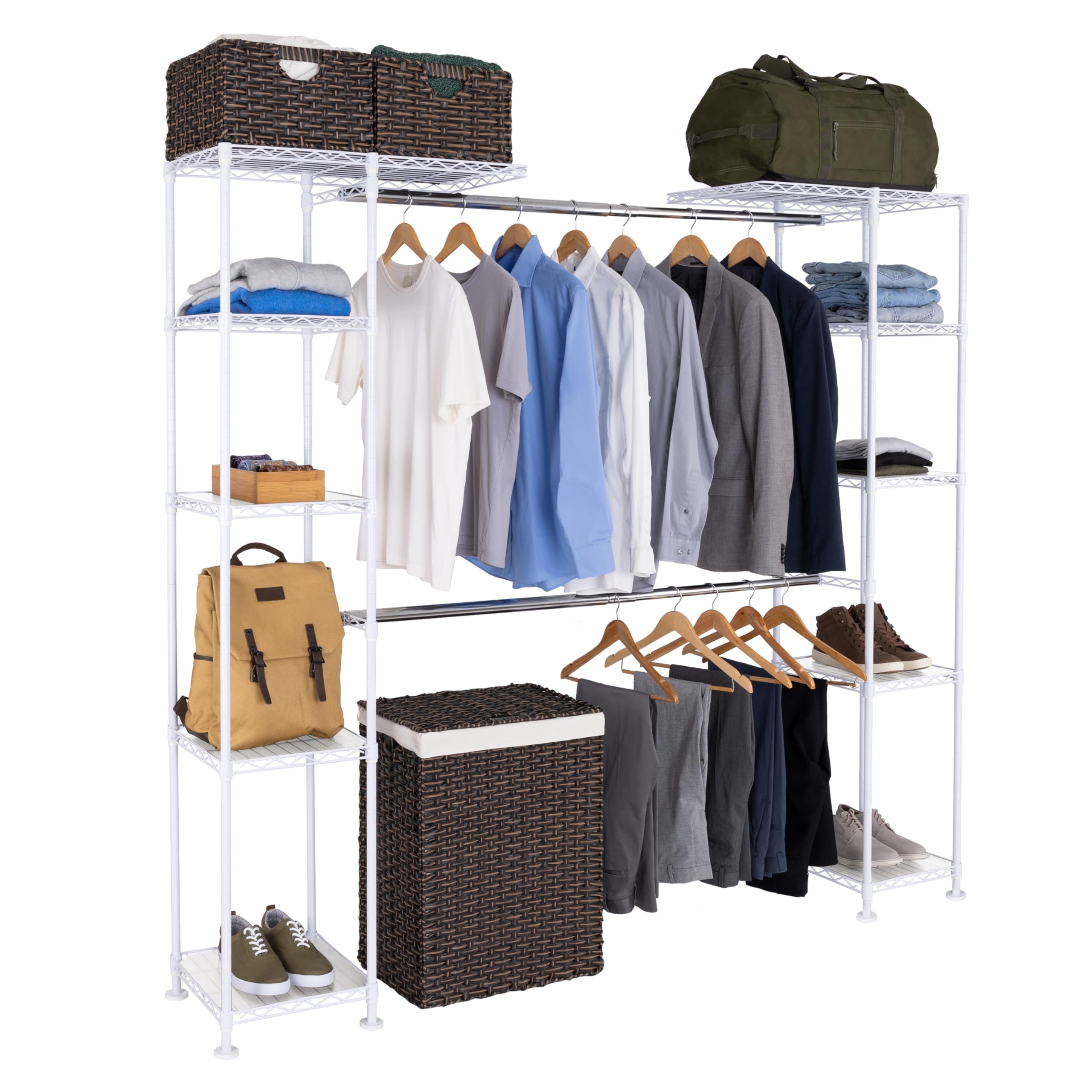 Seville Classics Closet Garment Organizer with Metal Hanging Rod Wardrobe Storage System, w/ Steel Shelves for Clothes, Shirts, Jackets, Coats, Blankets, Shoes, White, Expandable Rack - Image 6