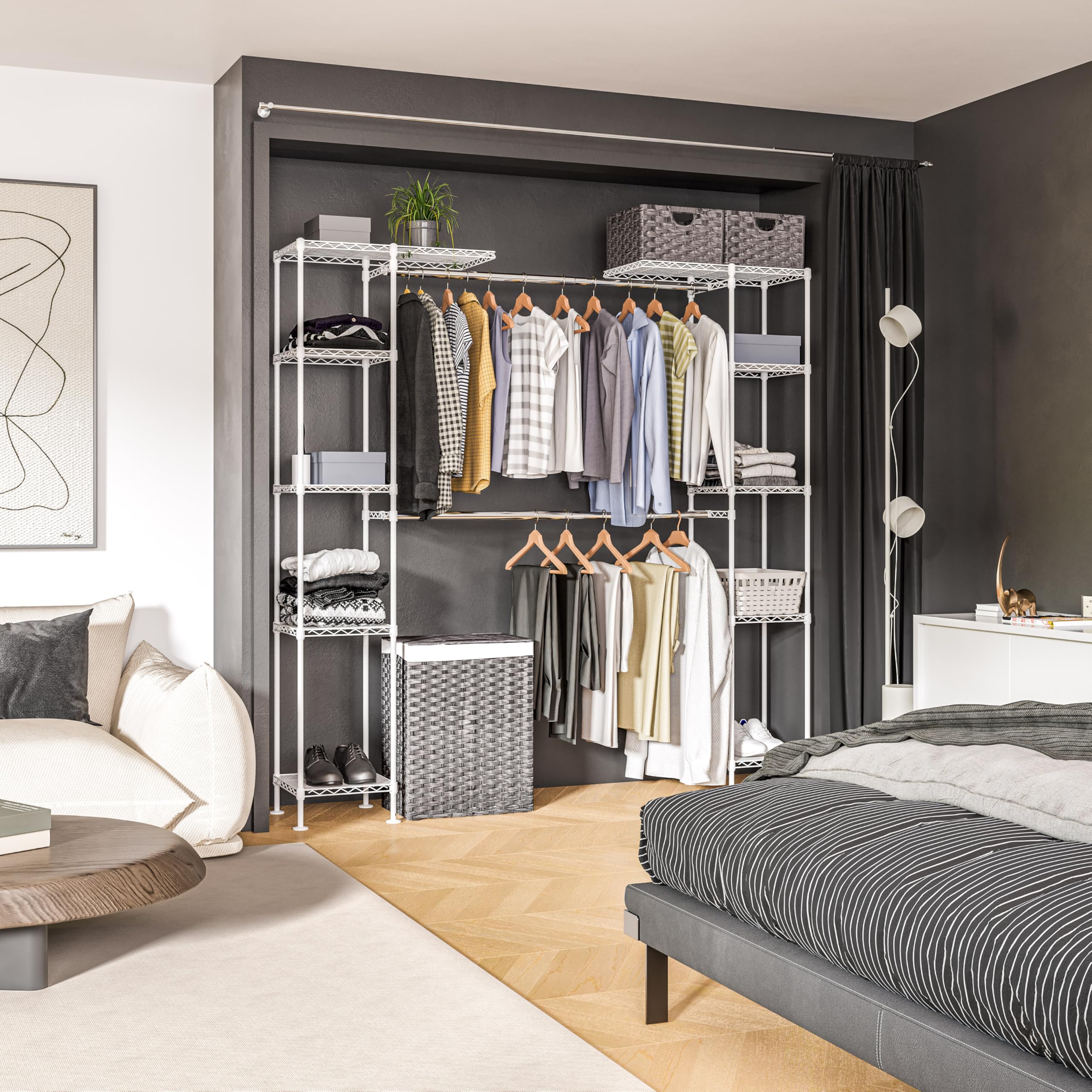 Seville Classics Closet Garment Organizer with Metal Hanging Rod Wardrobe Storage System, w/ Steel Shelves for Clothes, Shirts, Jackets, Coats, Blankets, Shoes, White, Expandable Rack - Image 7