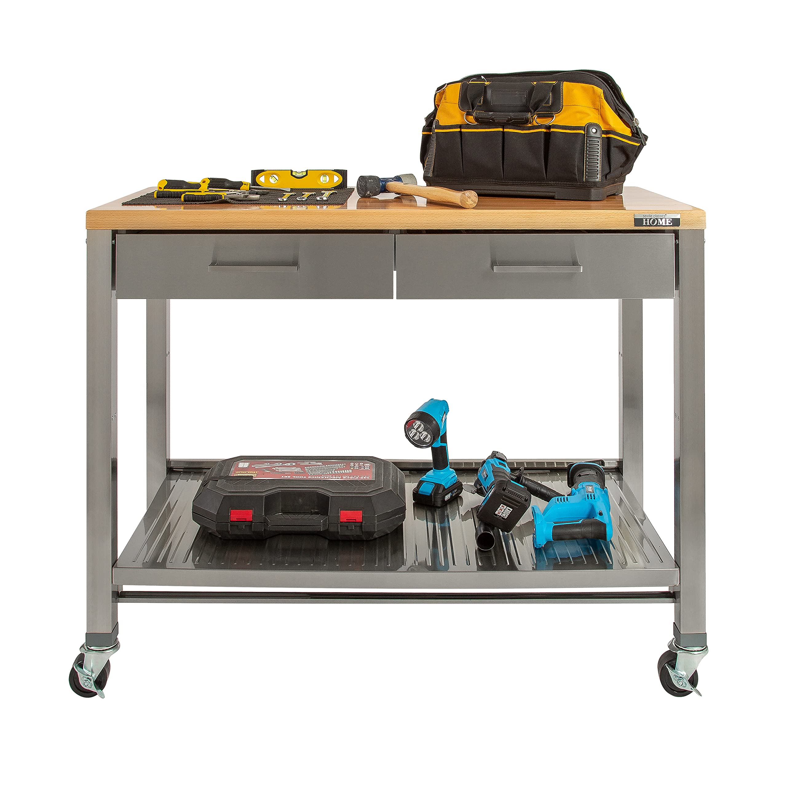 Seville Classics Commercial Work Table Island Utility Cart Prep Station, for Restaurant, Kitchen, Warehouse, Garage, Hotel, Home, Stainless-Steel, Solid Wood Top, 48" W x 24" D - Image 10