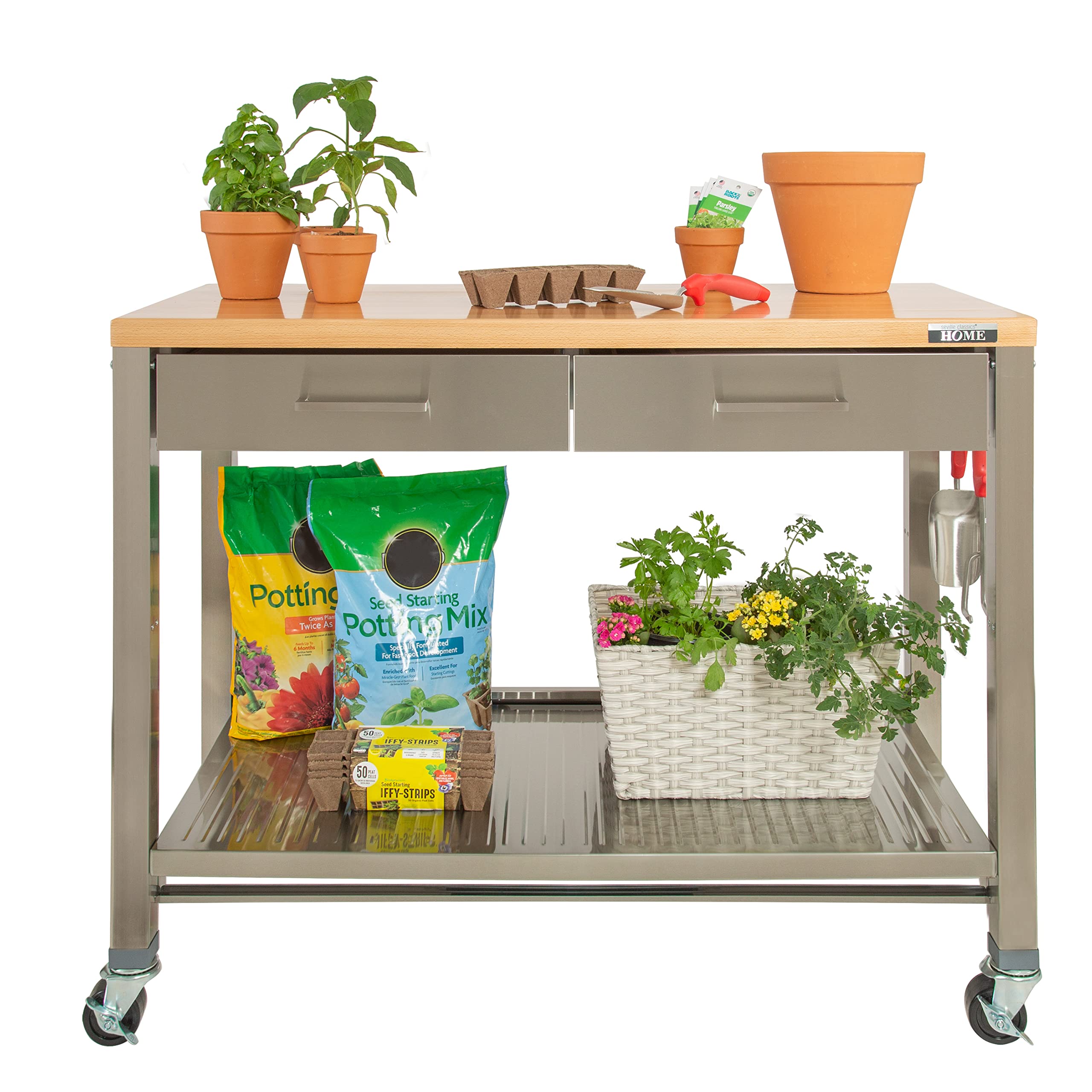 Seville Classics Commercial Work Table Island Utility Cart Prep Station, for Restaurant, Kitchen, Warehouse, Garage, Hotel, Home, Stainless-Steel, Solid Wood Top, 48" W x 24" D - Image 11