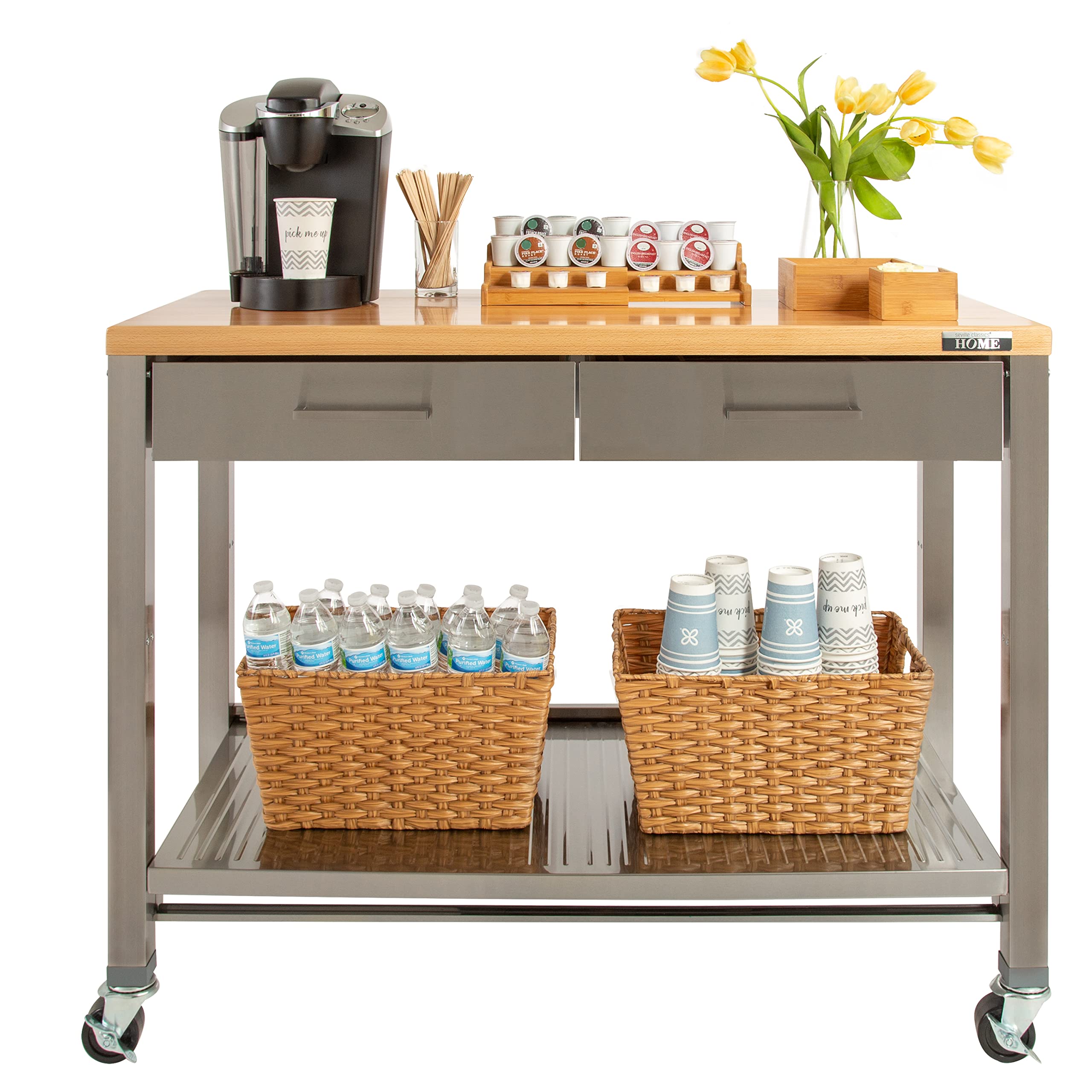 Seville Classics Commercial Work Table Island Utility Cart Prep Station, for Restaurant, Kitchen, Warehouse, Garage, Hotel, Home, Stainless-Steel, Solid Wood Top, 48" W x 24" D - Image 12