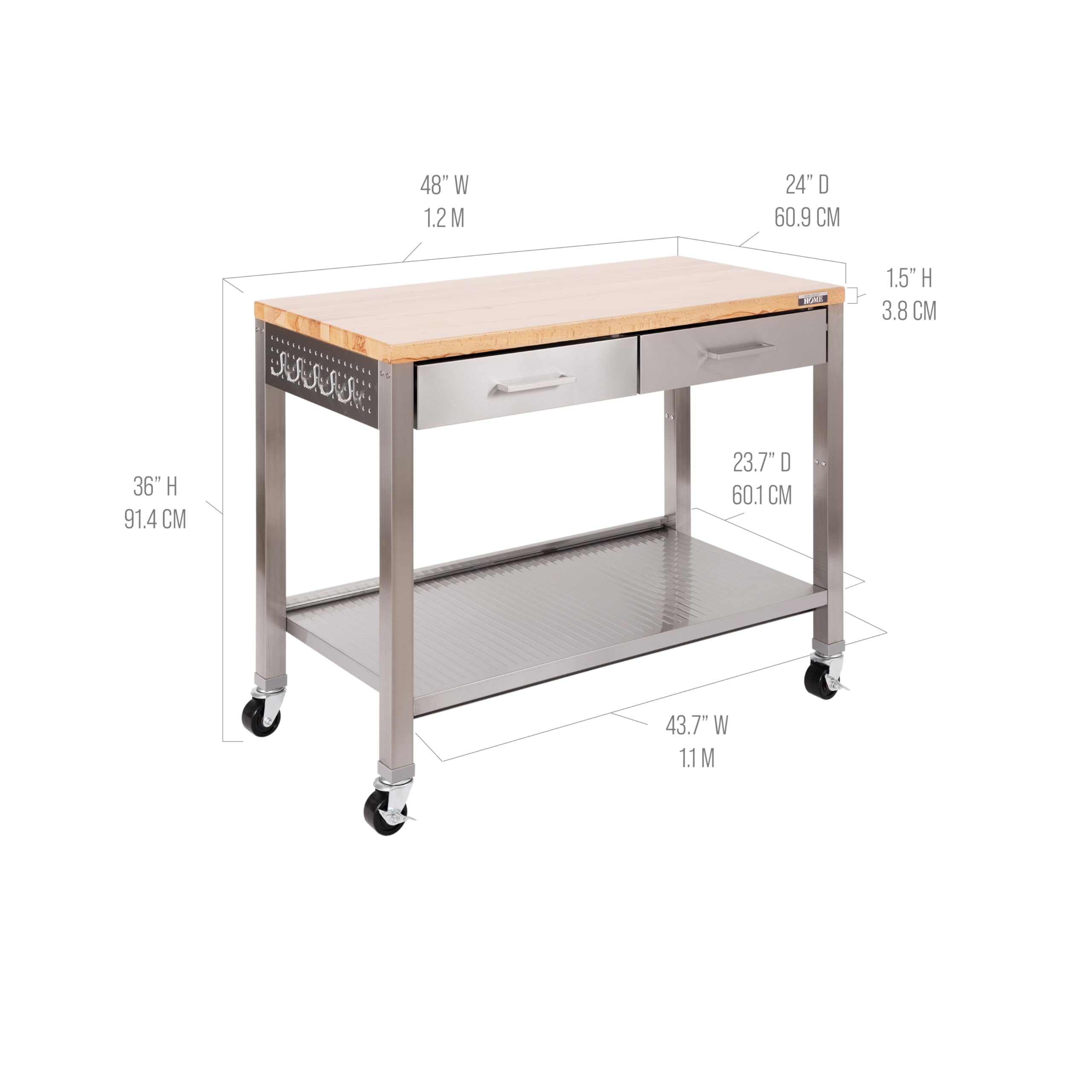 Seville Classics Commercial Work Table Island Utility Cart Prep Station, for Restaurant, Kitchen, Warehouse, Garage, Hotel, Home, Stainless-Steel, Solid Wood Top, 48" W x 24" D - Image 13