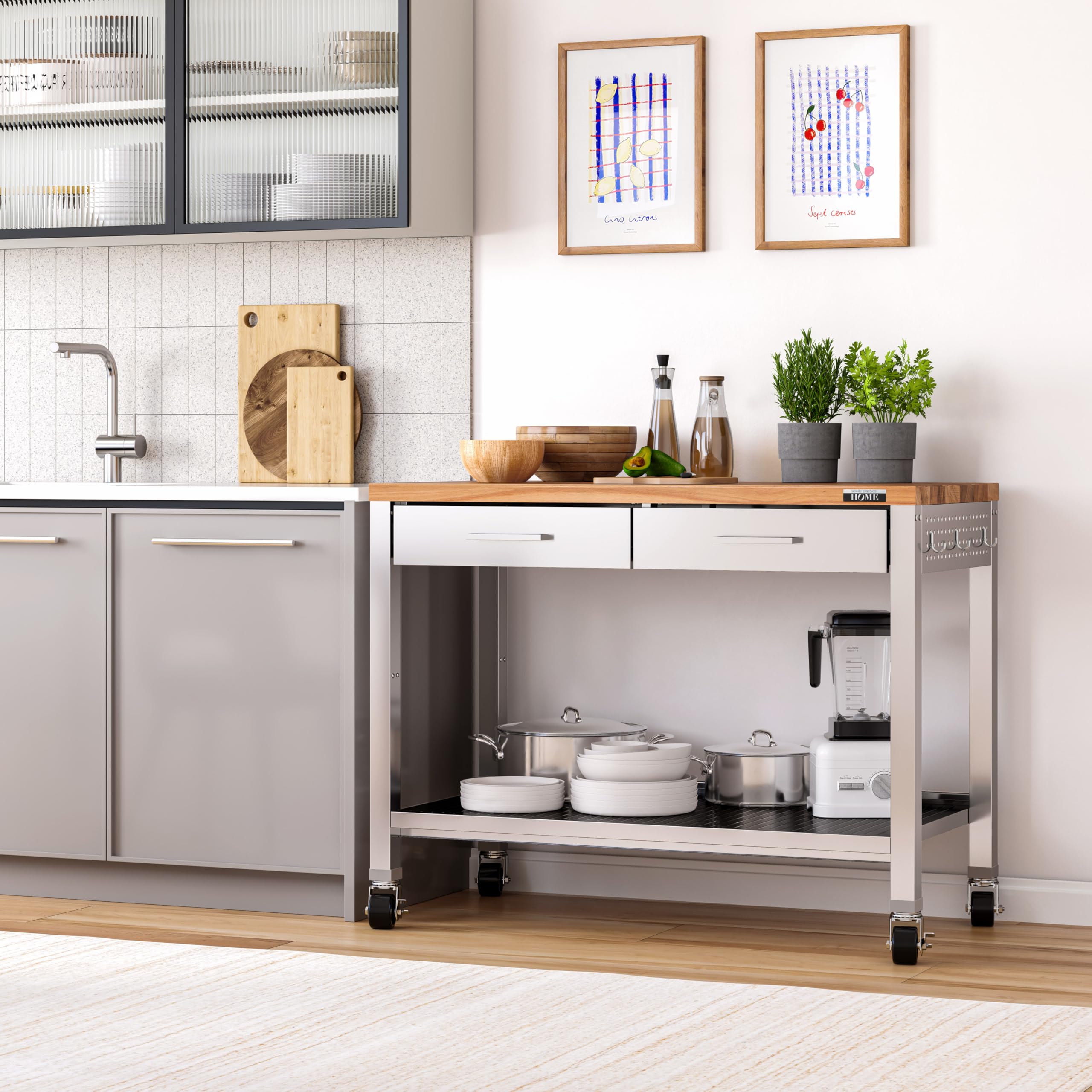 Seville Classics Commercial Work Table Island Utility Cart Prep Station, for Restaurant, Kitchen, Warehouse, Garage, Hotel, Home, Stainless-Steel, Solid Wood Top, 48" W x 24" D - Image 15