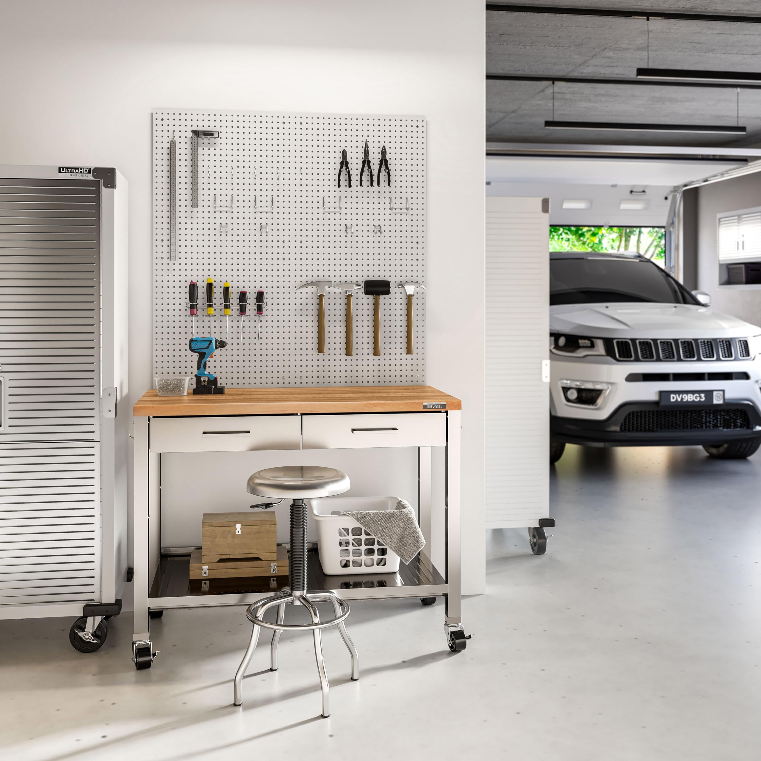 Seville Classics Commercial Work Table Island Utility Cart Prep Station, for Restaurant, Kitchen, Warehouse, Garage, Hotel, Home, Stainless-Steel, Solid Wood Top, 48" W x 24" D - Image 3