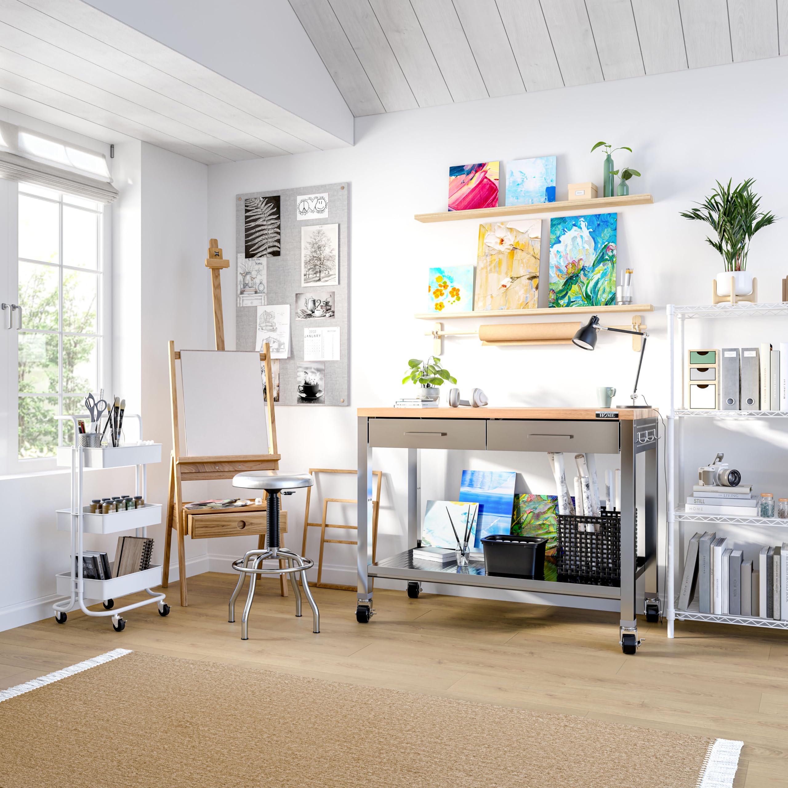 Seville Classics Commercial Work Table Island Utility Cart Prep Station, for Restaurant, Kitchen, Warehouse, Garage, Hotel, Home, Stainless-Steel, Solid Wood Top, 48" W x 24" D - Image 4