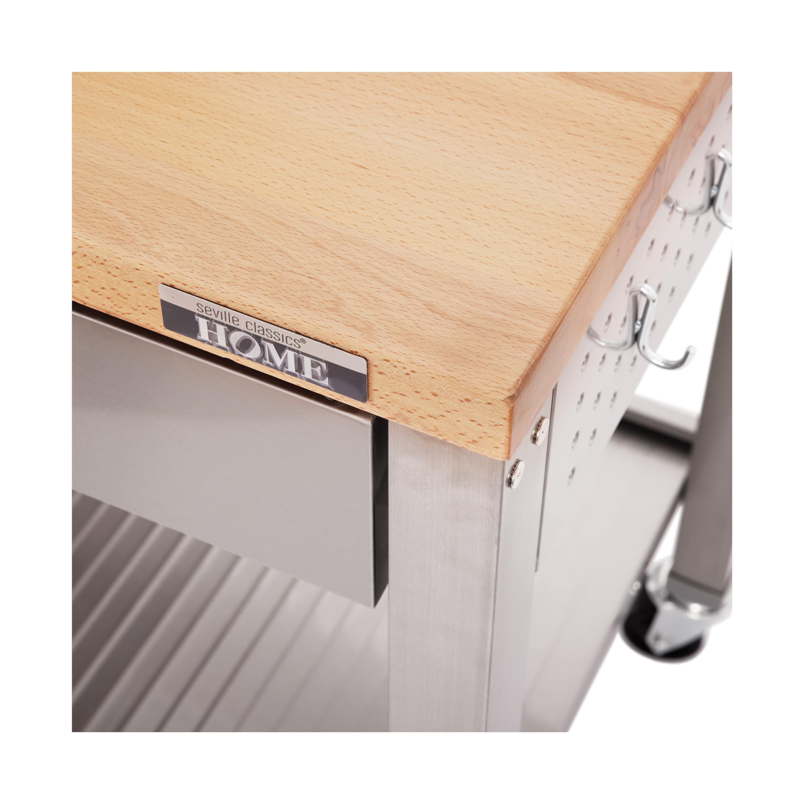 Seville Classics Commercial Work Table Island Utility Cart Prep Station, for Restaurant, Kitchen, Warehouse, Garage, Hotel, Home, Stainless-Steel, Solid Wood Top, 48" W x 24" D - Image 8