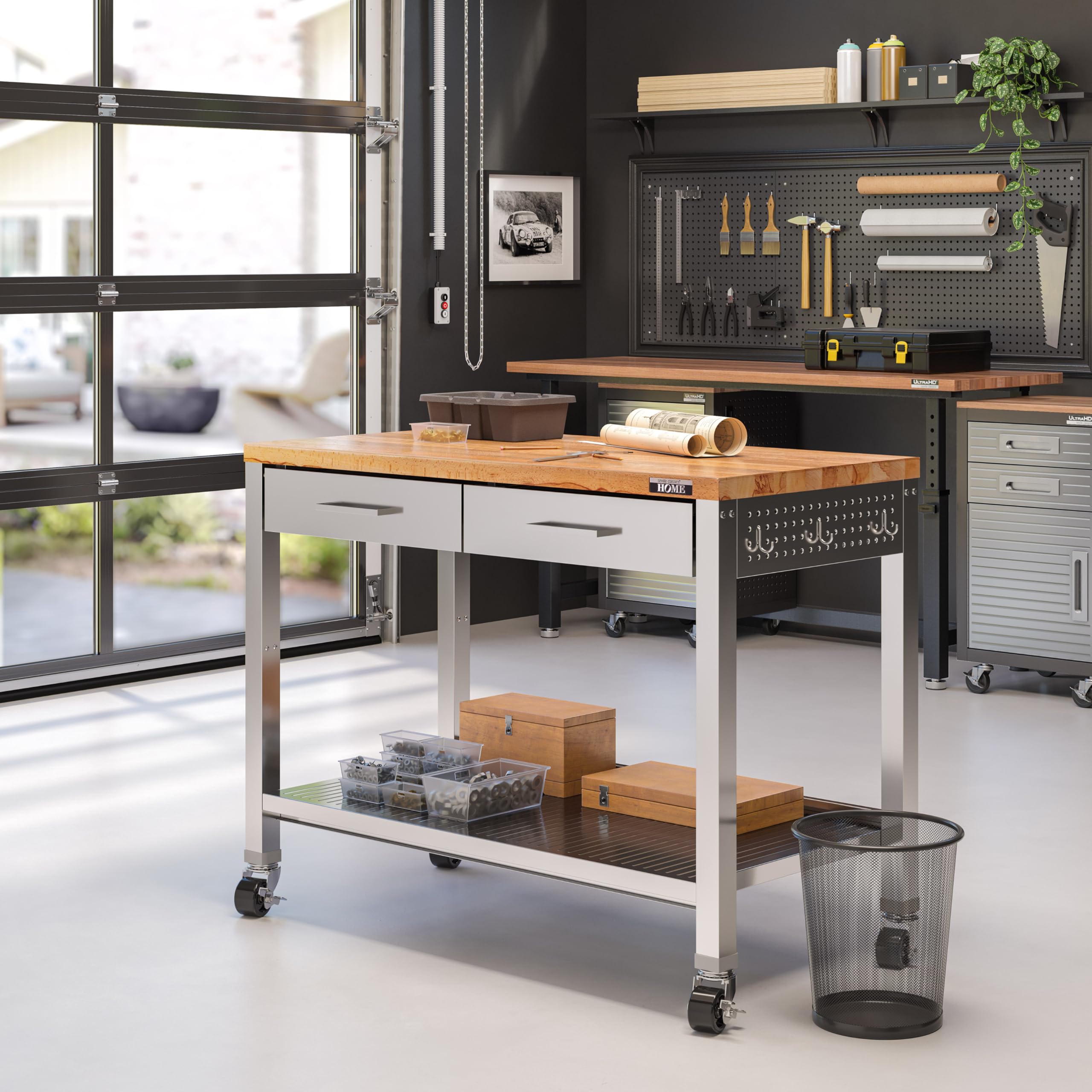 Seville Classics Commercial Work Table Island Utility Cart Prep Station, for Restaurant, Kitchen, Warehouse, Garage, Hotel, Home, Stainless-Steel, Solid Wood Top, 48" W x 24" D - Image 9
