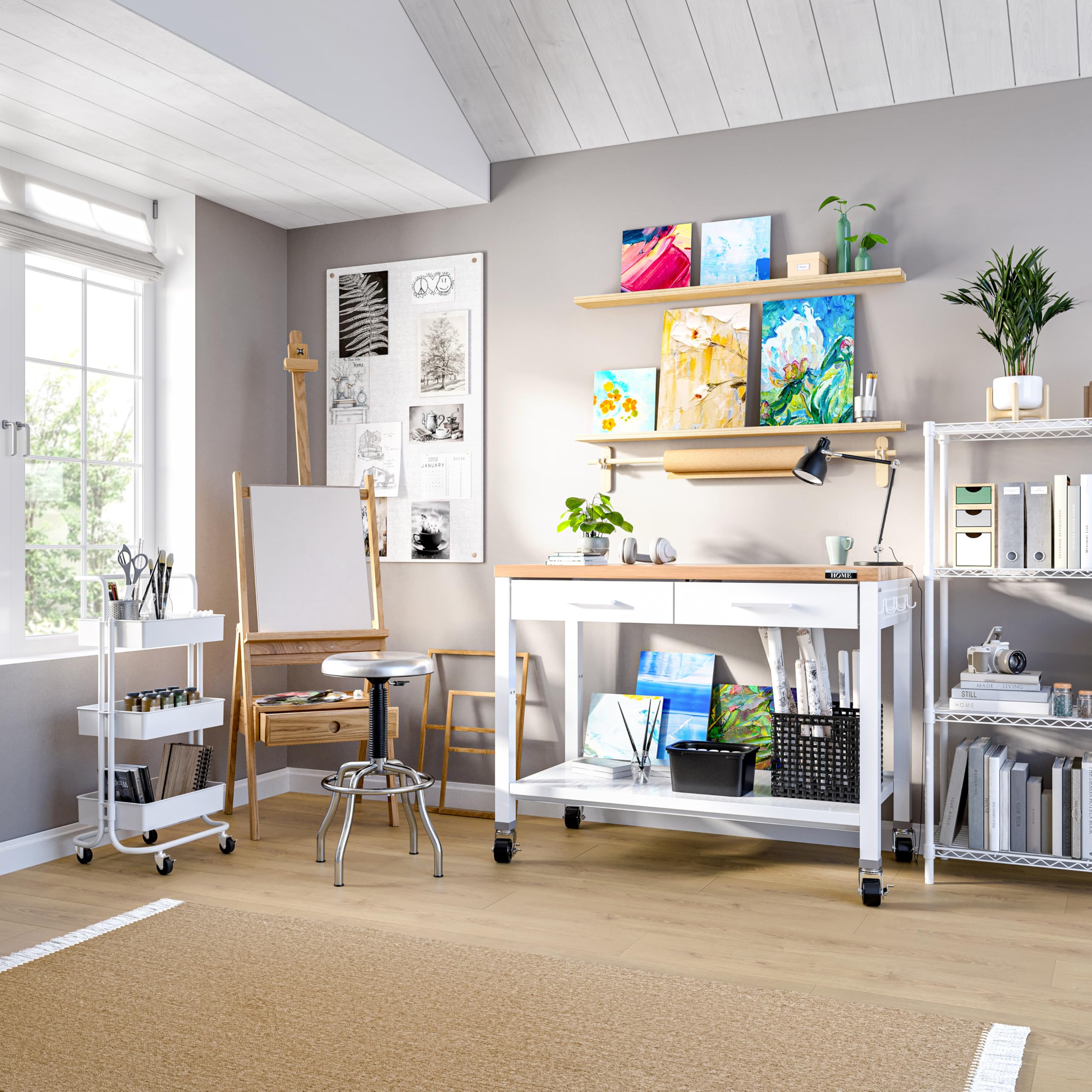 Seville Classics Commercial Work Table Island Utility Cart Prep Station, for Restaurant, Kitchen, Warehouse, Garage, Hotel, Home, White w/ Solid Wood Top, 48" W x 24" D - Image 10