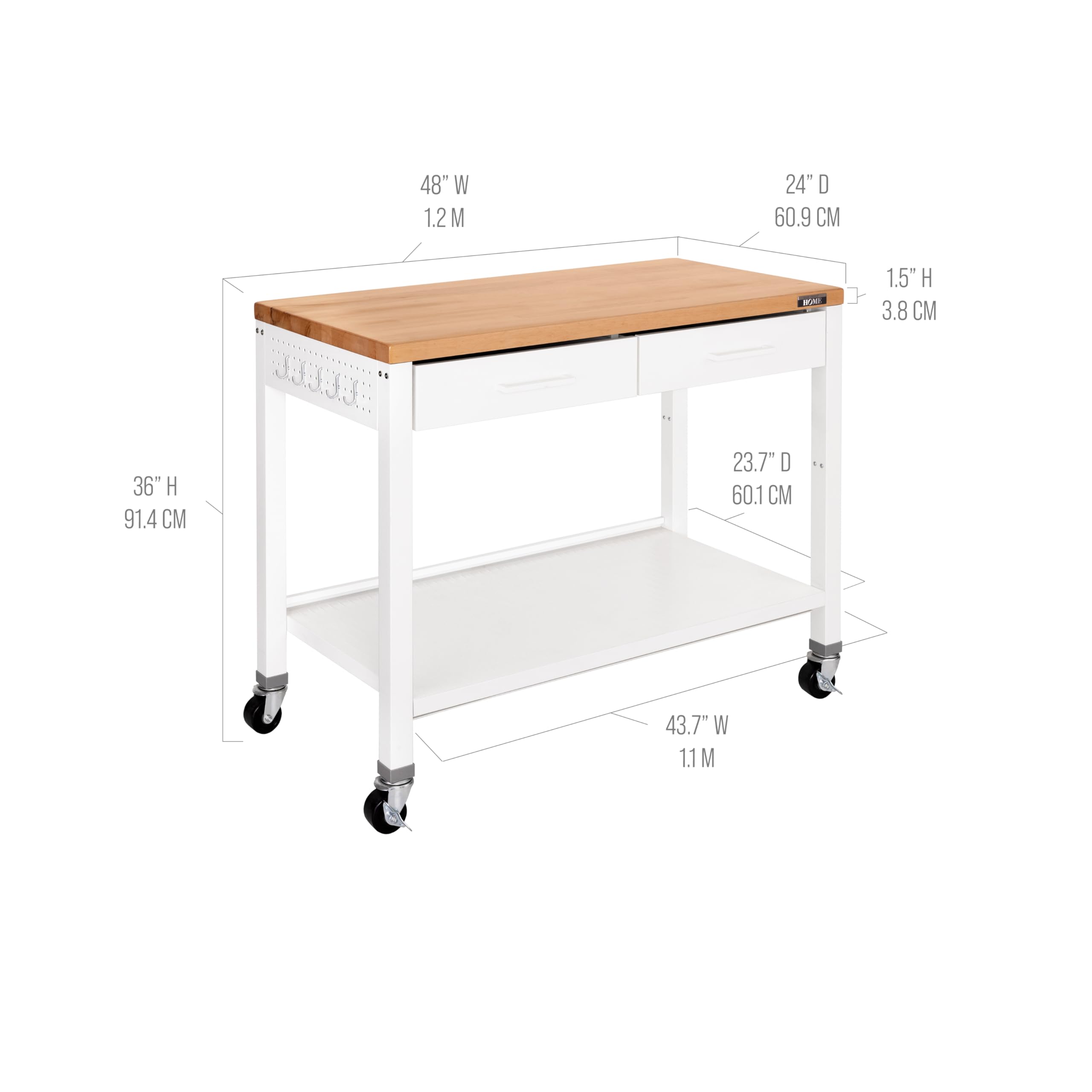 Seville Classics Commercial Work Table Island Utility Cart Prep Station, for Restaurant, Kitchen, Warehouse, Garage, Hotel, Home, White w/ Solid Wood Top, 48" W x 24" D - Image 11