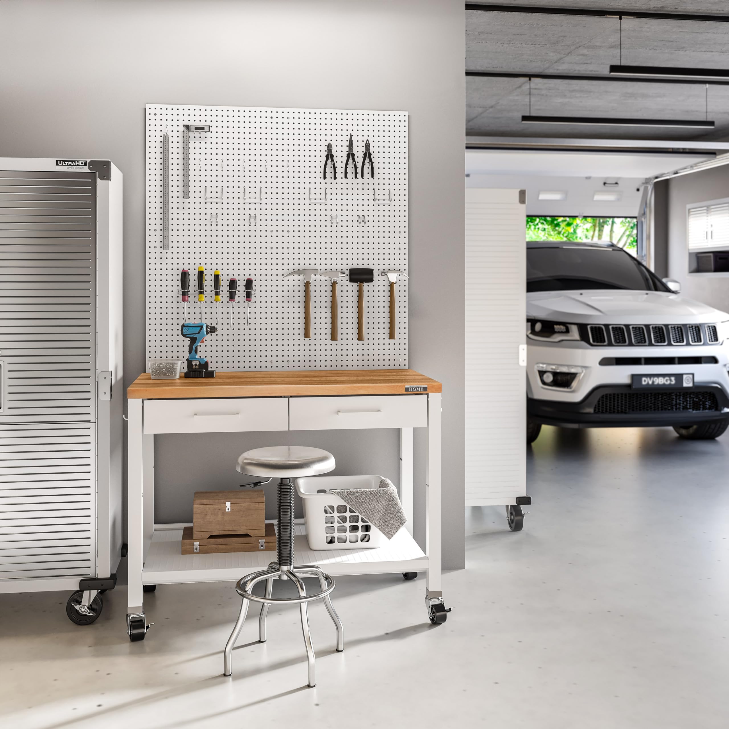 Seville Classics Commercial Work Table Island Utility Cart Prep Station, for Restaurant, Kitchen, Warehouse, Garage, Hotel, Home, White w/ Solid Wood Top, 48" W x 24" D - Image 3