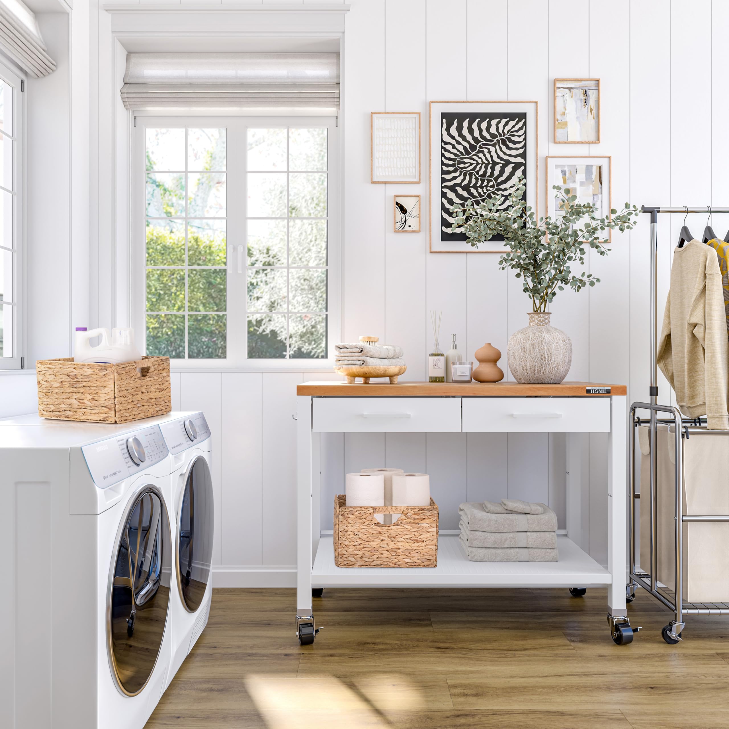 Seville Classics Commercial Work Table Island Utility Cart Prep Station, for Restaurant, Kitchen, Warehouse, Garage, Hotel, Home, White w/ Solid Wood Top, 48" W x 24" D - Image 9