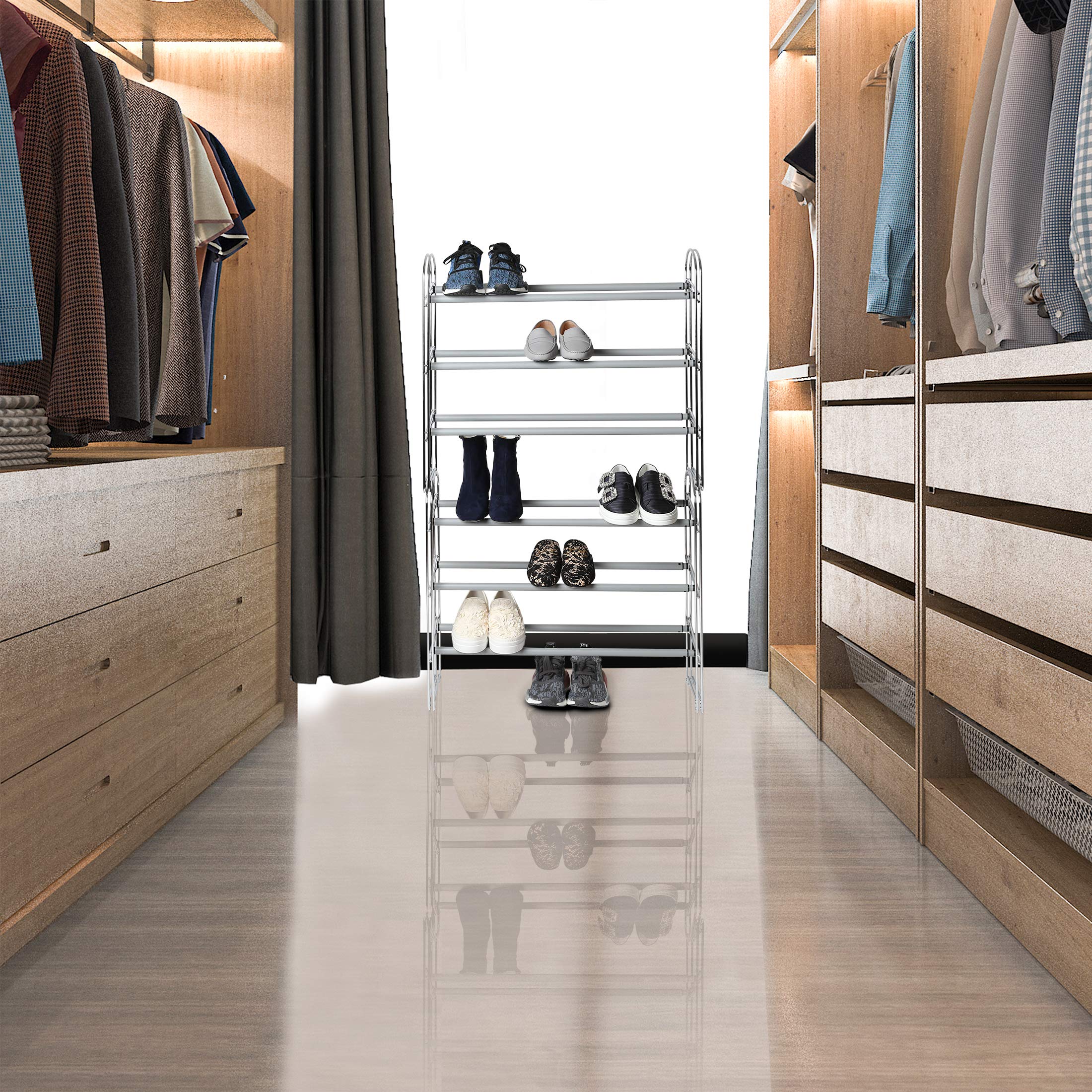 Seville Classics Expandable and Adjustable Shoe Rack Organizer, for Bedroom, Closet, Entryway, Hallway, Chrome Plated, 3-Tier - Image 3