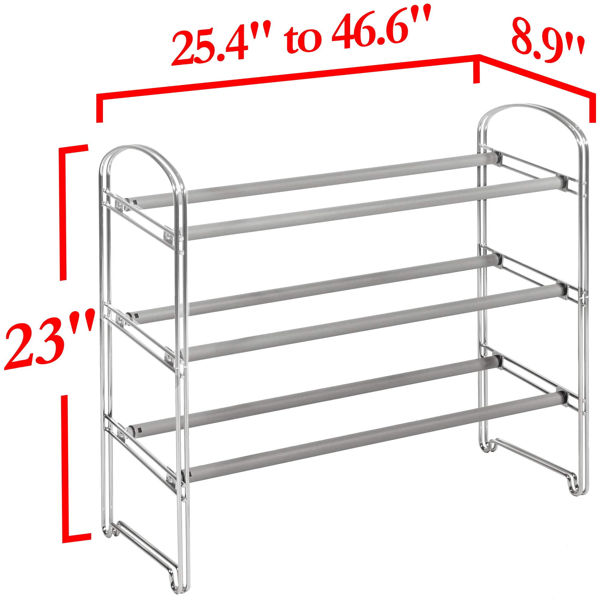 Seville Classics Expandable and Adjustable Shoe Rack Organizer, for Bedroom, Closet, Entryway, Hallway, Chrome Plated, 3-Tier - Image 5