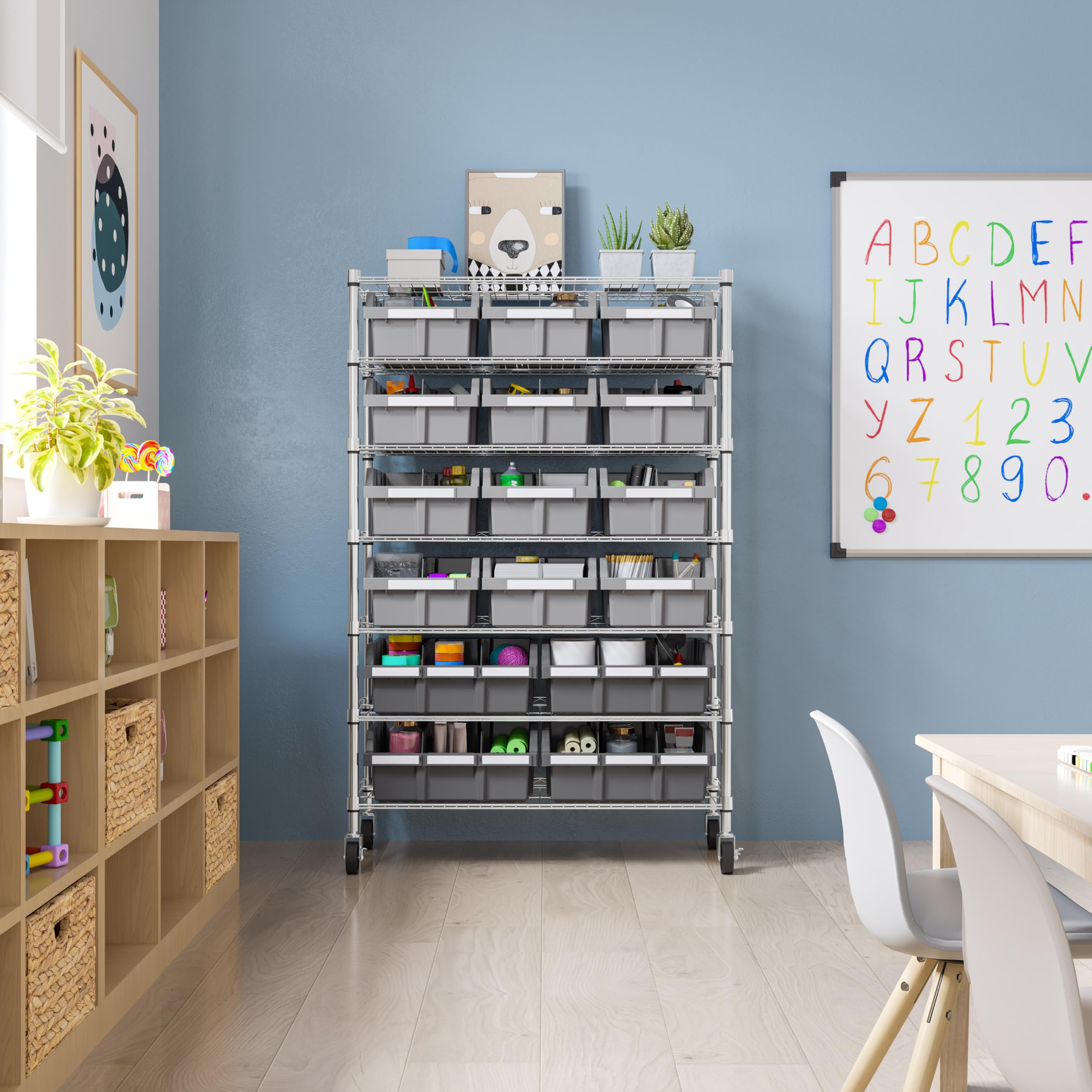 Seville Classics Heavy Duty NSF Bin Rack Solid Steel Wire Shelving Storage Unit, Patented Organizer for Garage, Warehouse, Office, Restaurant, Classroom, Kitchen, Gray, Includes 16 Bins - Image 11