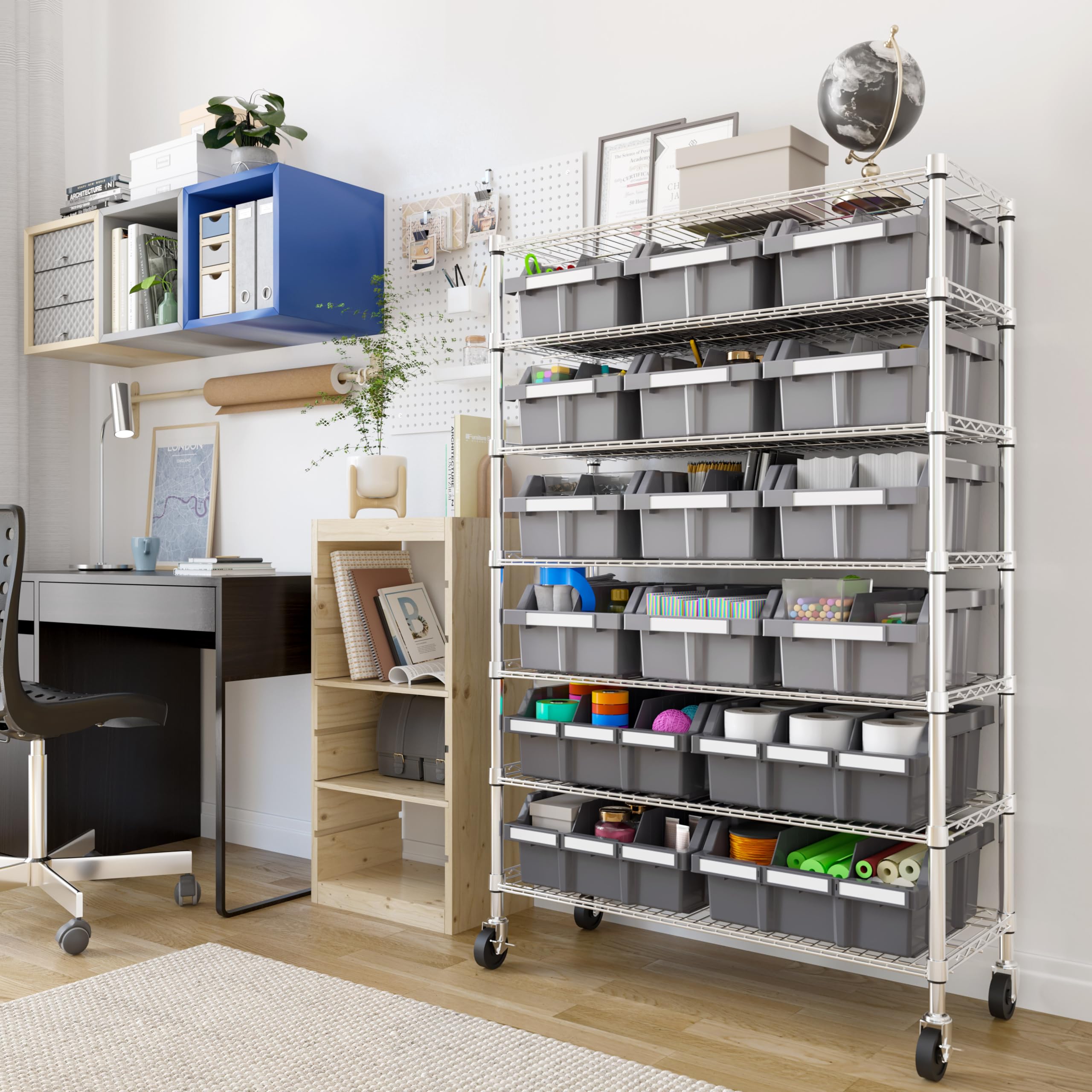 Seville Classics Heavy Duty NSF Bin Rack Solid Steel Wire Shelving Storage Unit, Patented Organizer for Garage, Warehouse, Office, Restaurant, Classroom, Kitchen, Gray, Includes 16 Bins - Image 3