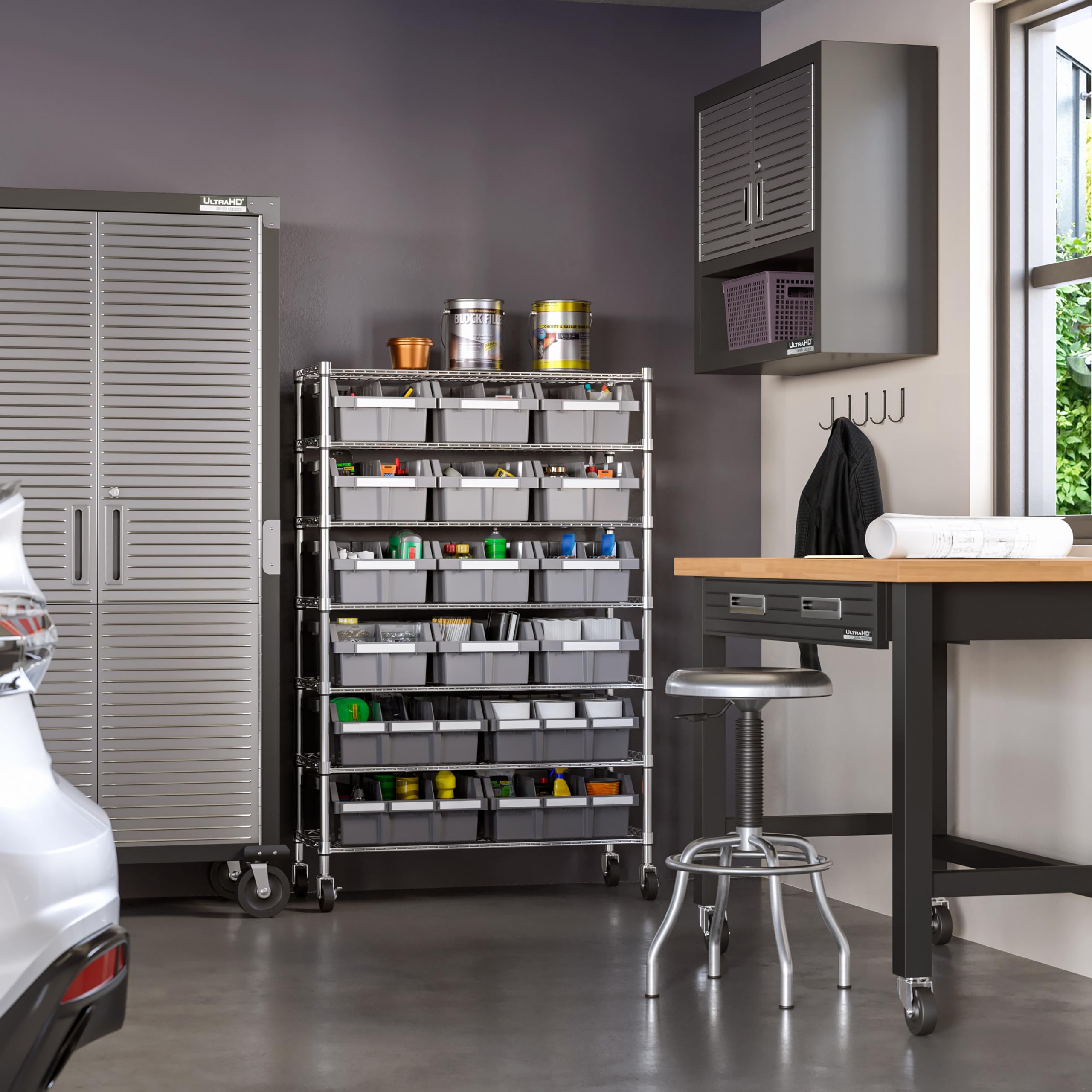 Seville Classics Heavy Duty NSF Bin Rack Solid Steel Wire Shelving Storage Unit, Patented Organizer for Garage, Warehouse, Office, Restaurant, Classroom, Kitchen, Gray, Includes 16 Bins - Image 4