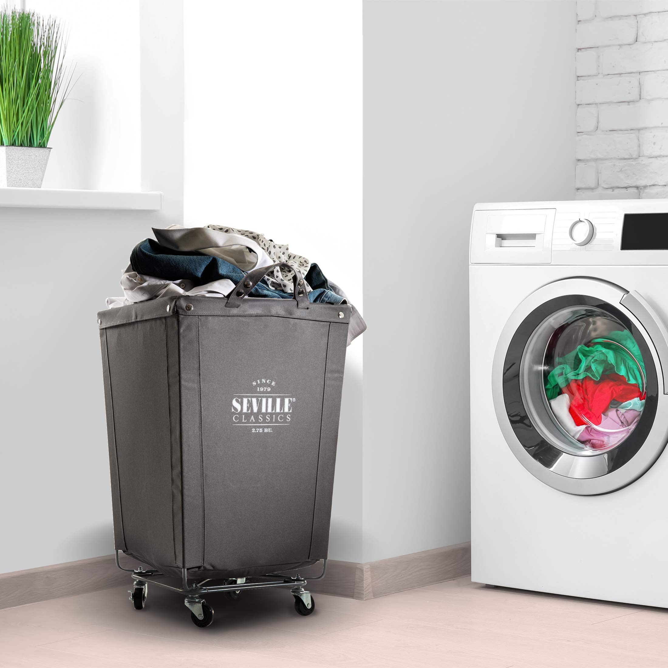 Seville Classics Large Commercial Heavy Duty Rolling Steel Frame Laundry Hamper Canvas Cart Bin, w/ Wheels for Hotel, Home, Closet, Bedroom (PATENTED), Gray, 18.1" D x 18.1" W - Image 3
