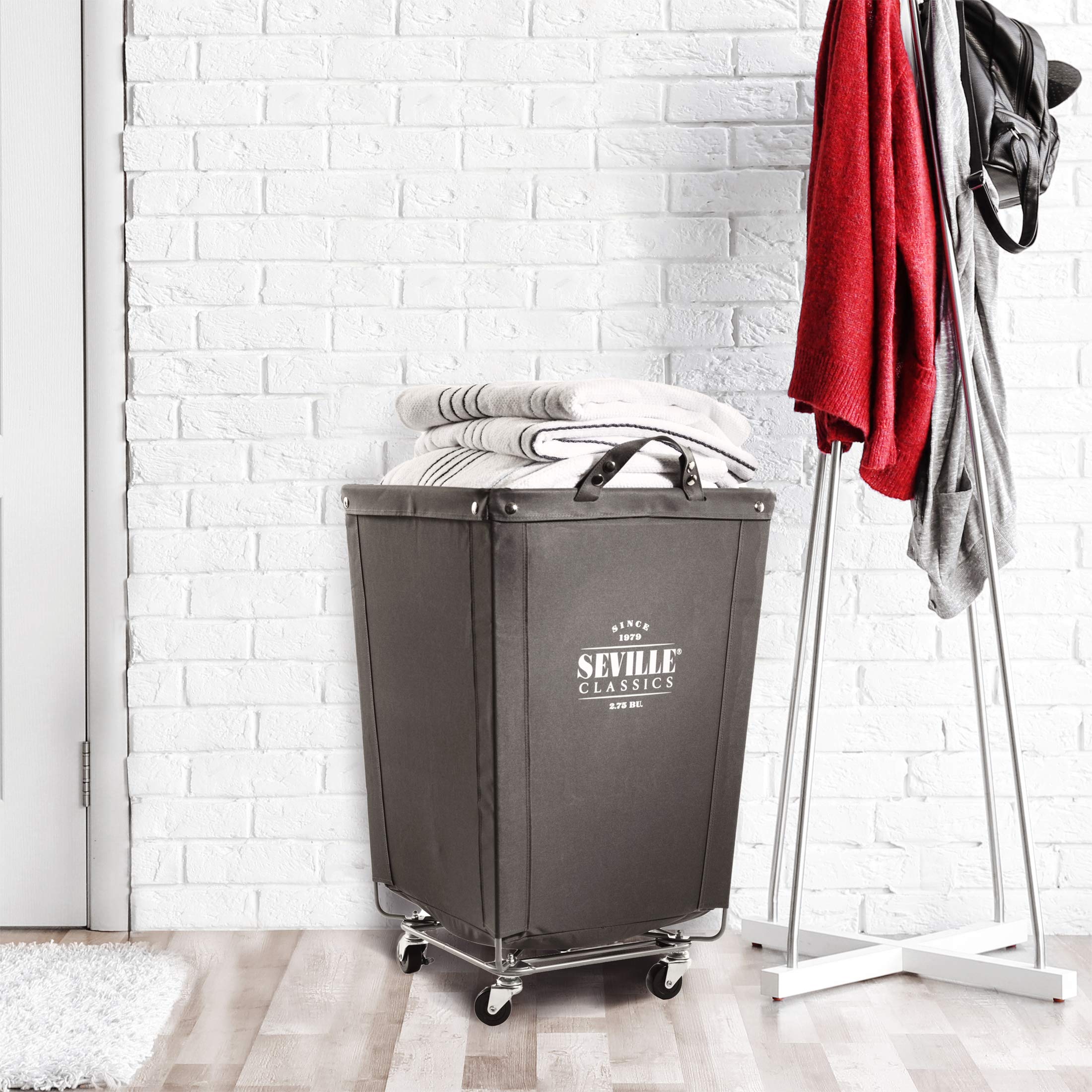 Seville Classics Large Commercial Heavy Duty Rolling Steel Frame Laundry Hamper Canvas Cart Bin, w/ Wheels for Hotel, Home, Closet, Bedroom (PATENTED), Gray, 18.1" D x 18.1" W - Image 5