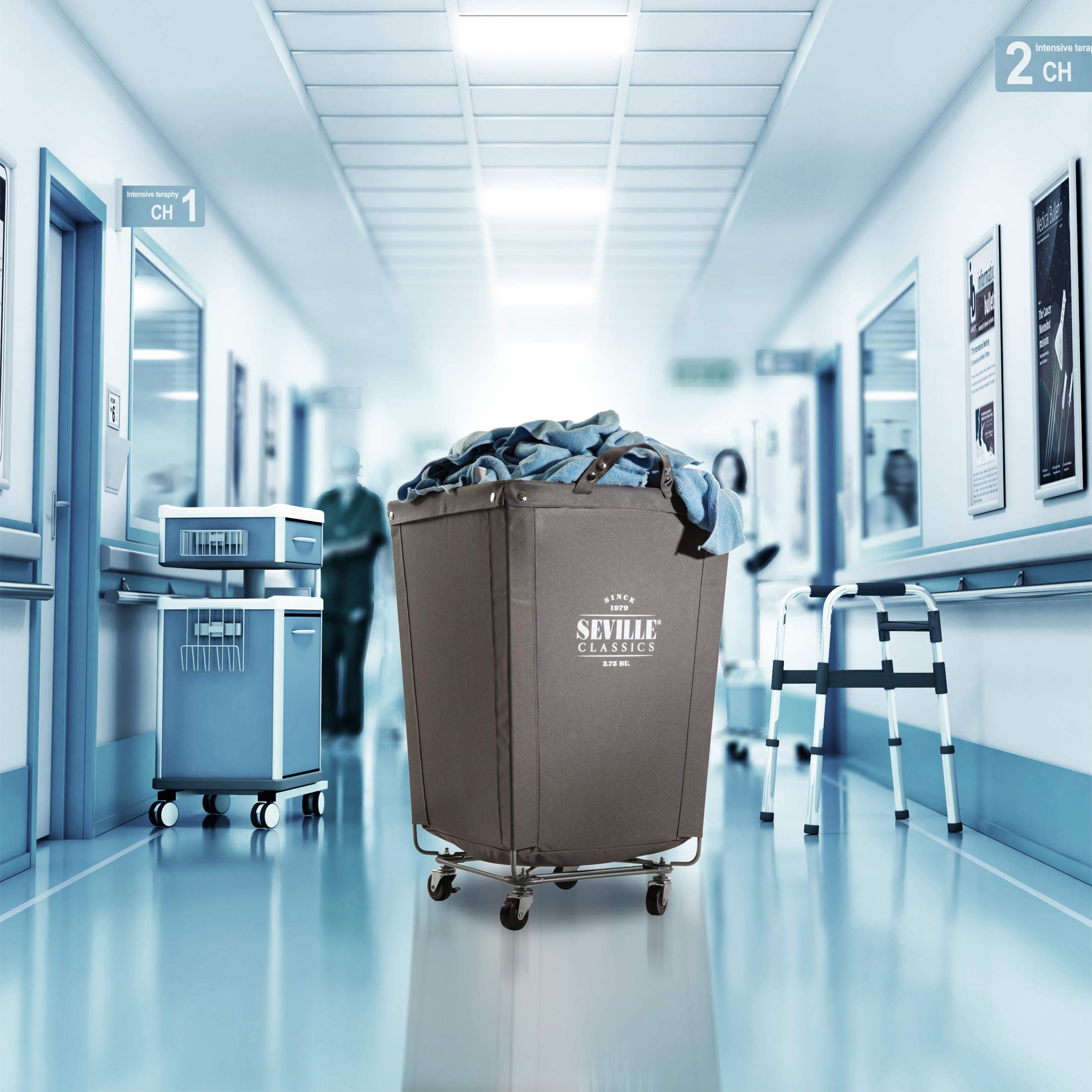 Seville Classics Large Commercial Heavy Duty Rolling Steel Frame Laundry Hamper Canvas Cart Bin, w/ Wheels for Hotel, Home, Closet, Bedroom (PATENTED), Gray, 18.1" D x 18.1" W - Image 6