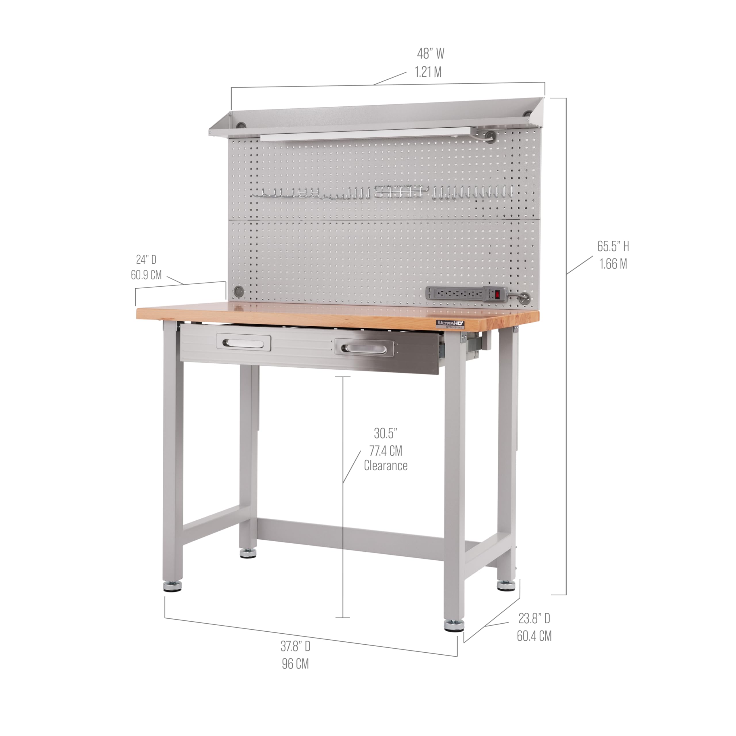 Seville Classics LED Lighted Pegboard Workcenter with 23 Peg Hook Assortment and Drawer Table, 48", Granite Gray - Image 5