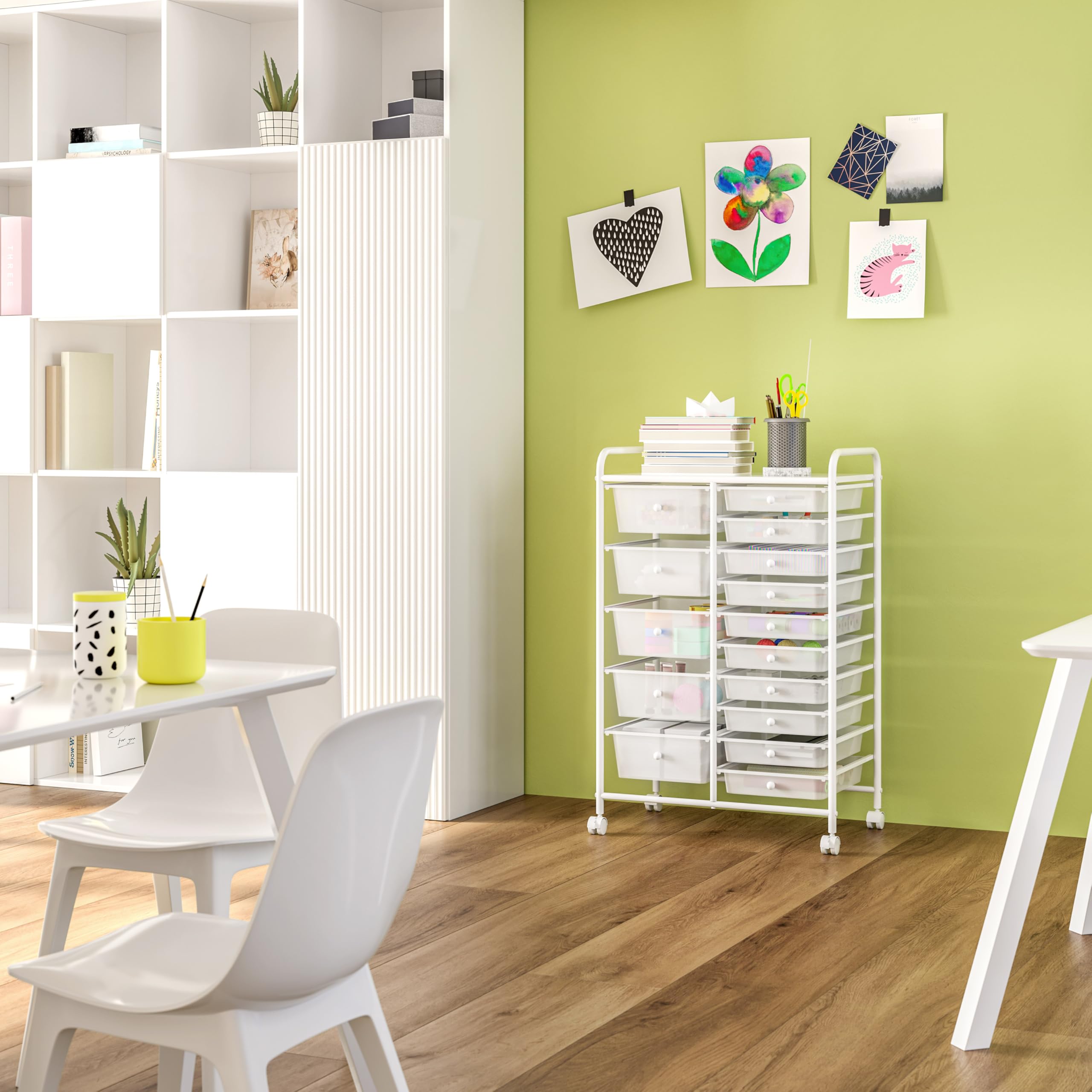 Seville Classics Rolling Utility Organizer Storage Cart, for Home Office, School, Classroom, Scrapbook, Hobby, Craft, 15 Drawer, White - Image 9