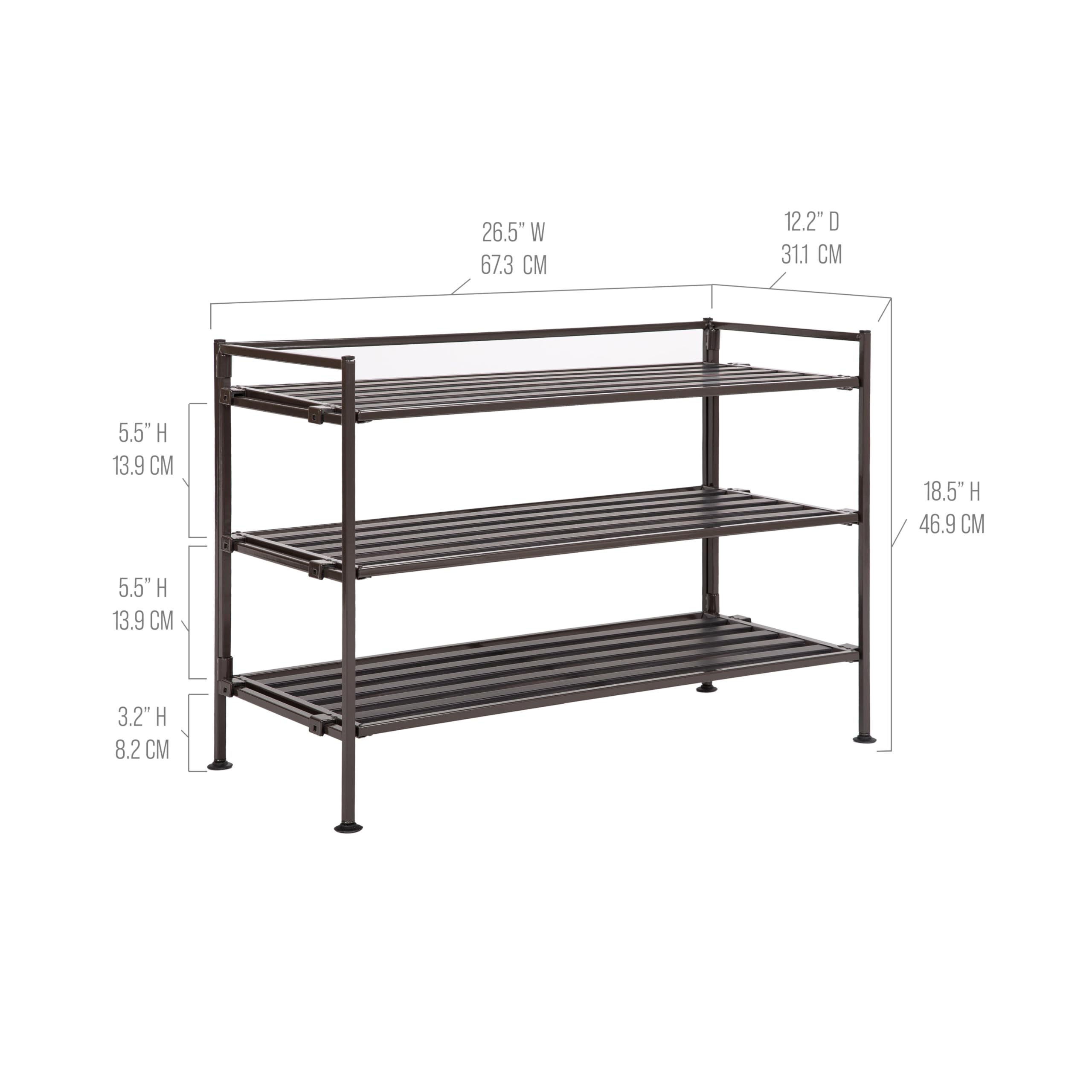 Seville Classics Sturdy Freestanding Storage Shelf for Bedroom, Closet, Entryway, Dorm Room Organizer Stackable Durable Metal Shoe Rack Espresso Slat, 3-Tier (NEW MODEL) - Image 3