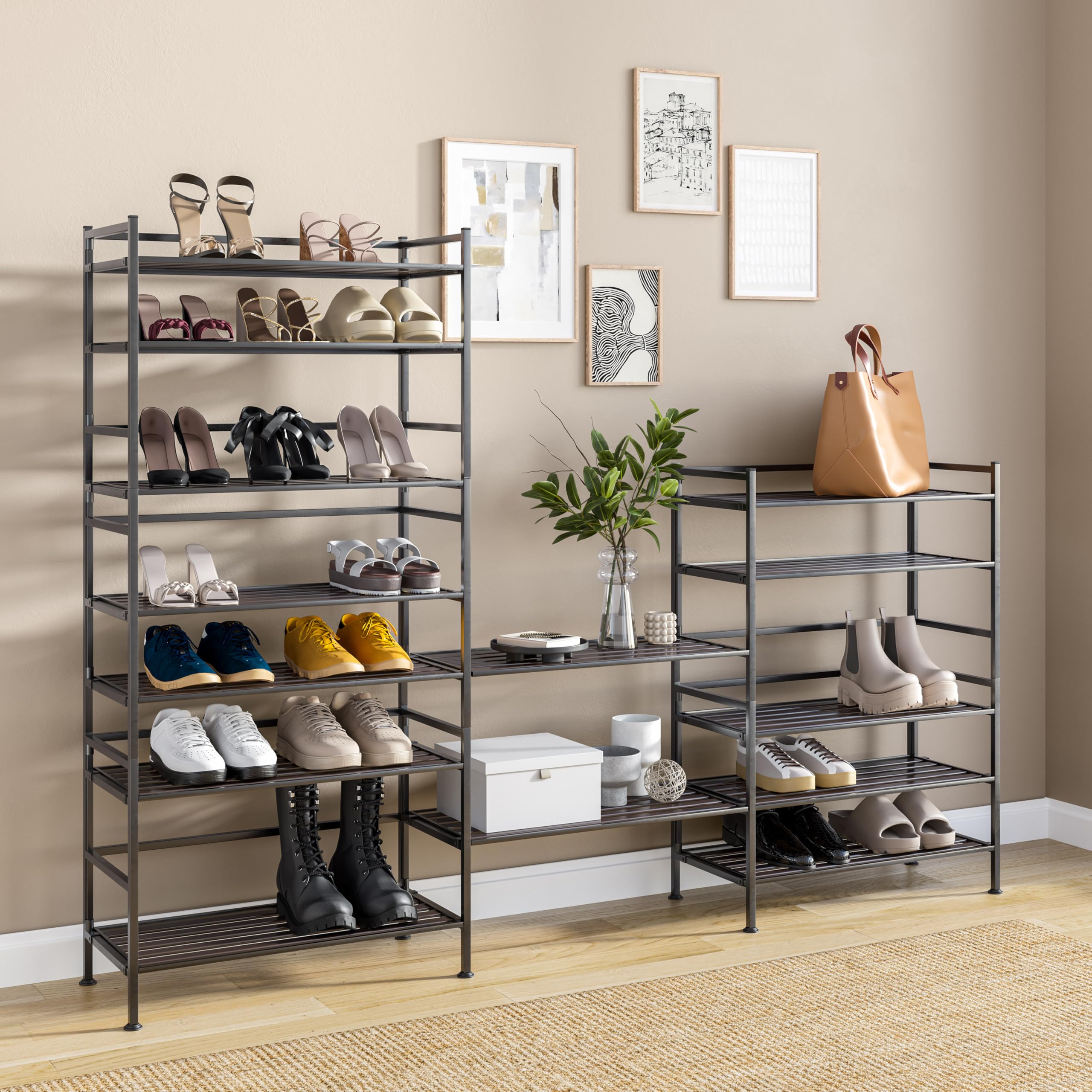 Seville Classics Sturdy Freestanding Storage Shelf for Bedroom, Closet, Entryway, Dorm Room Organizer Stackable Durable Metal Shoe Rack Espresso Slat, 3-Tier (NEW MODEL) - Image 7