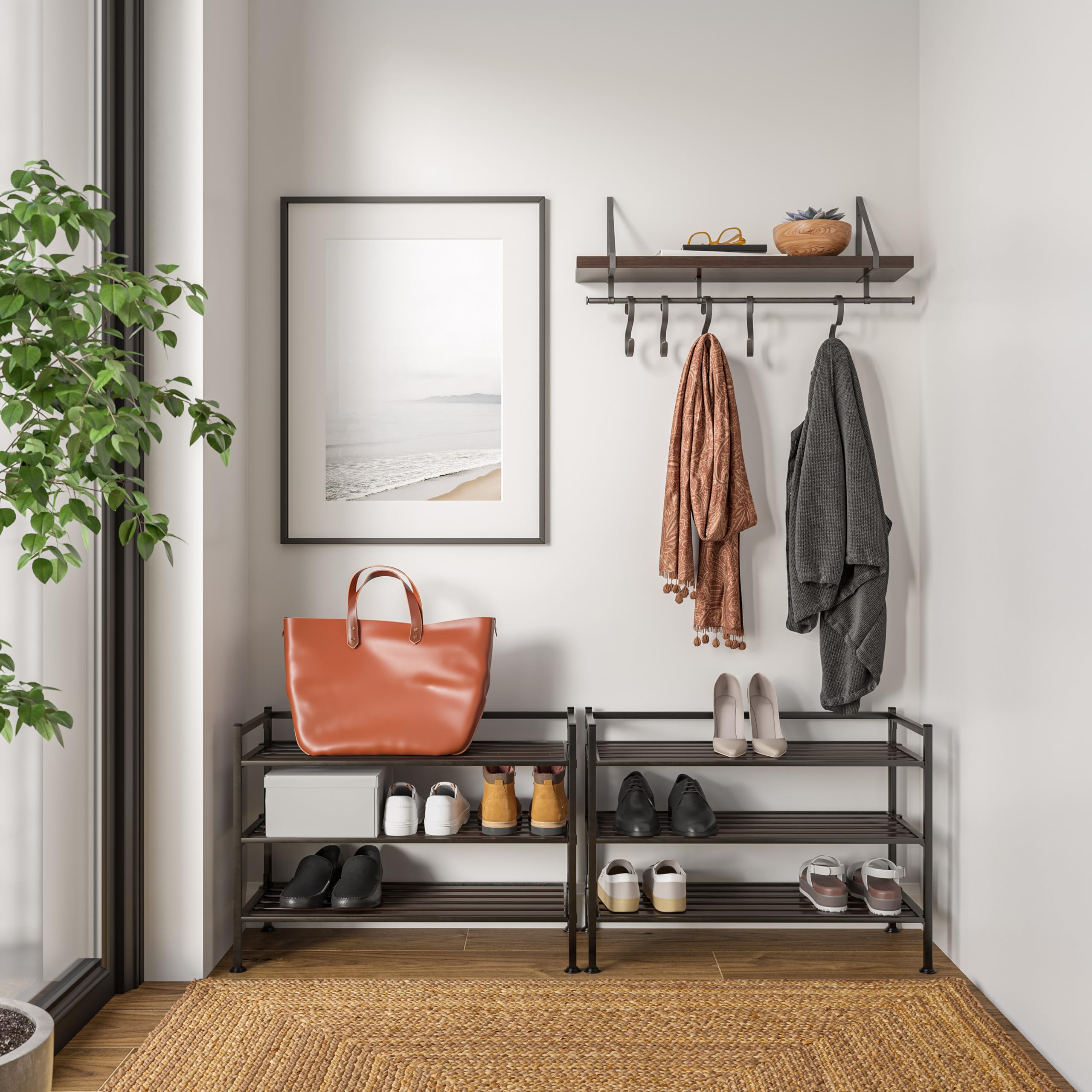 Seville Classics Sturdy Freestanding Storage Shelf for Bedroom, Closet, Entryway, Dorm Room Organizer Stackable Durable Metal Shoe Rack Espresso Slat, 3-Tier (NEW MODEL) - Image 8