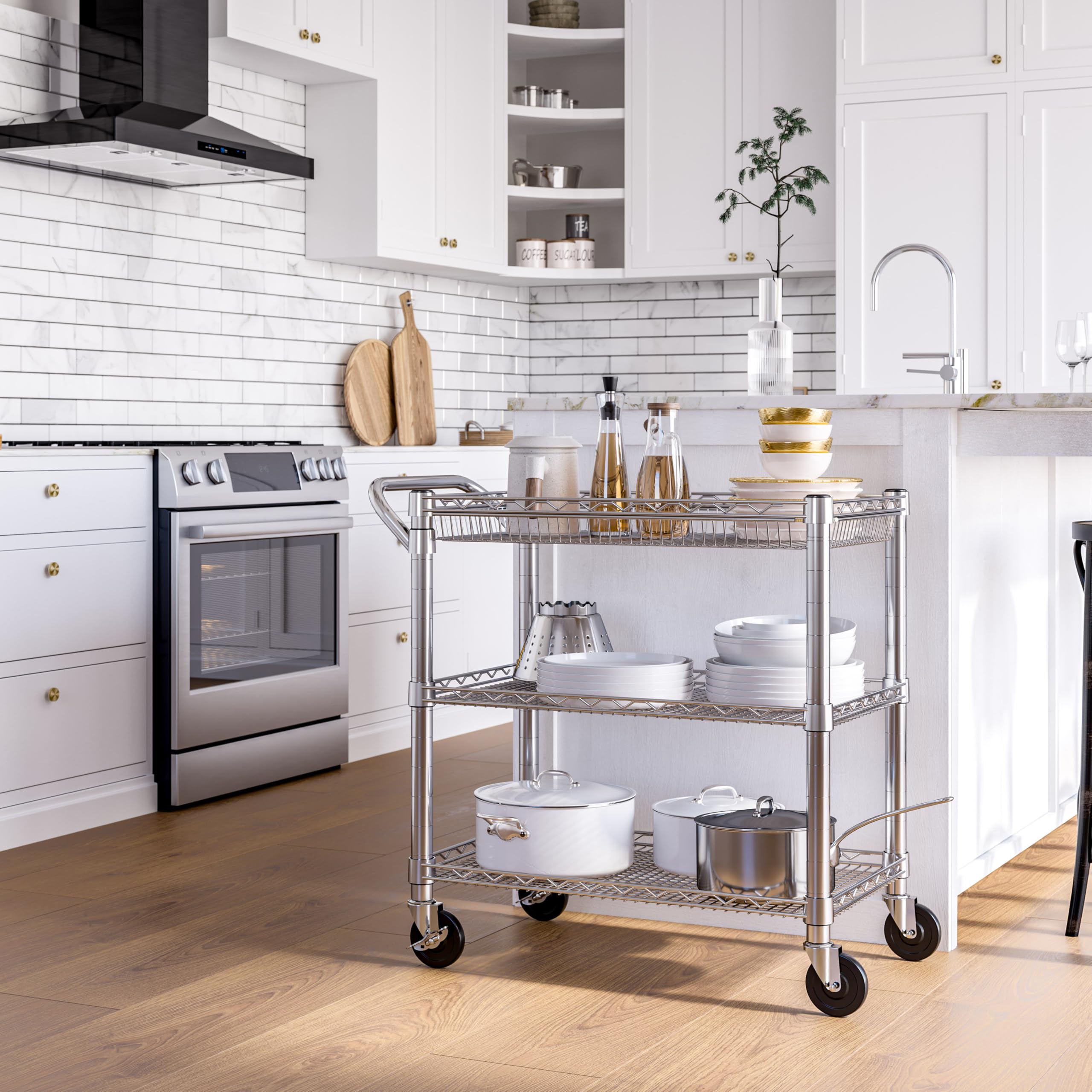 Seville Classics UltraDurable NSF Commercial Heavy Duty Metal Rolling Utility Cart, Handle Bar for Restaurant, Garage, Warehouse, Kitchen, Office, Deep Top Basket (34.8"W x 18.25"D) - Image 8