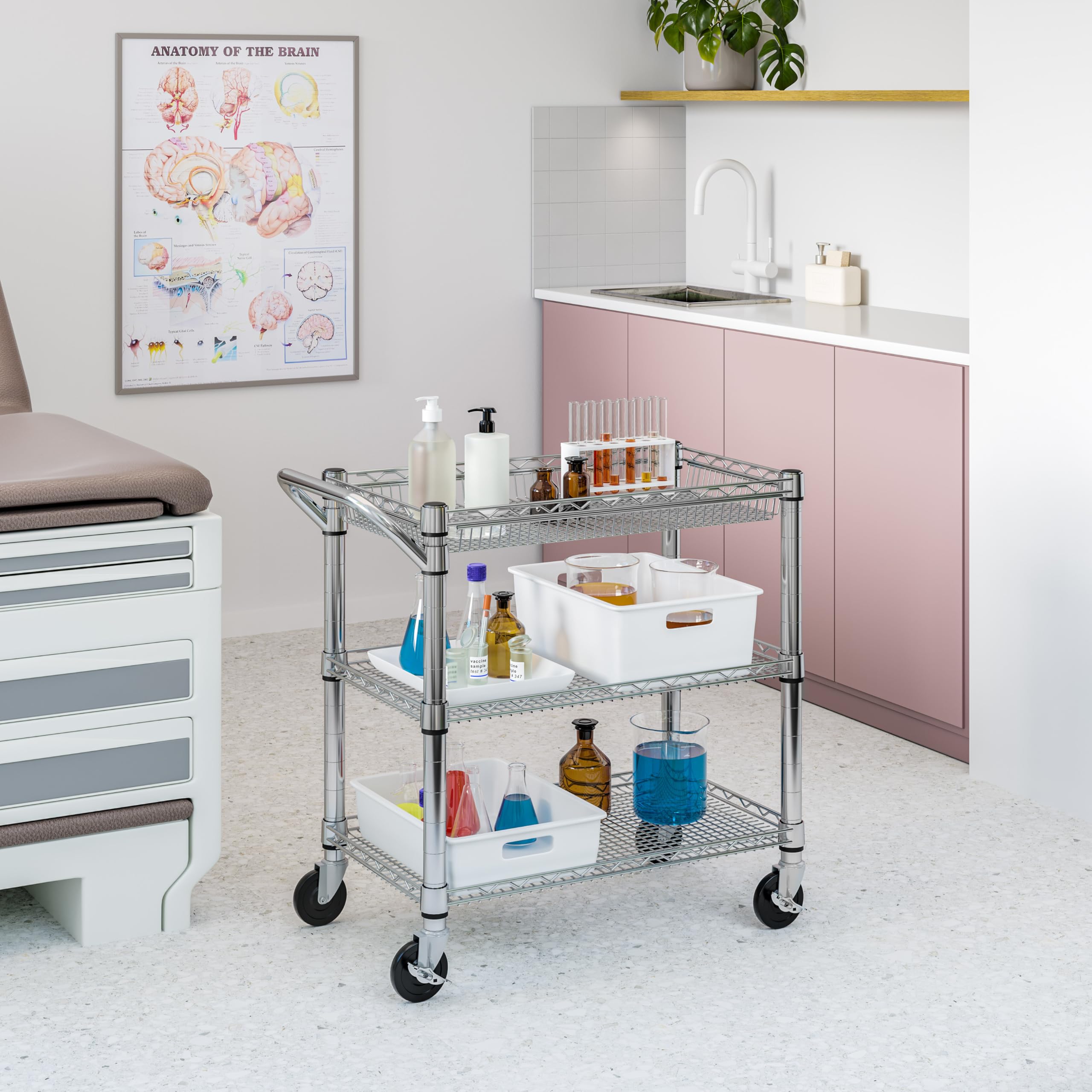 Seville Classics UltraDurable NSF Commercial Heavy Duty Metal Rolling Utility Cart, Handle Bar for Restaurant, Garage, Warehouse, Kitchen, Office, Deep Top Basket (34.8"W x 18.25"D) - Image 9