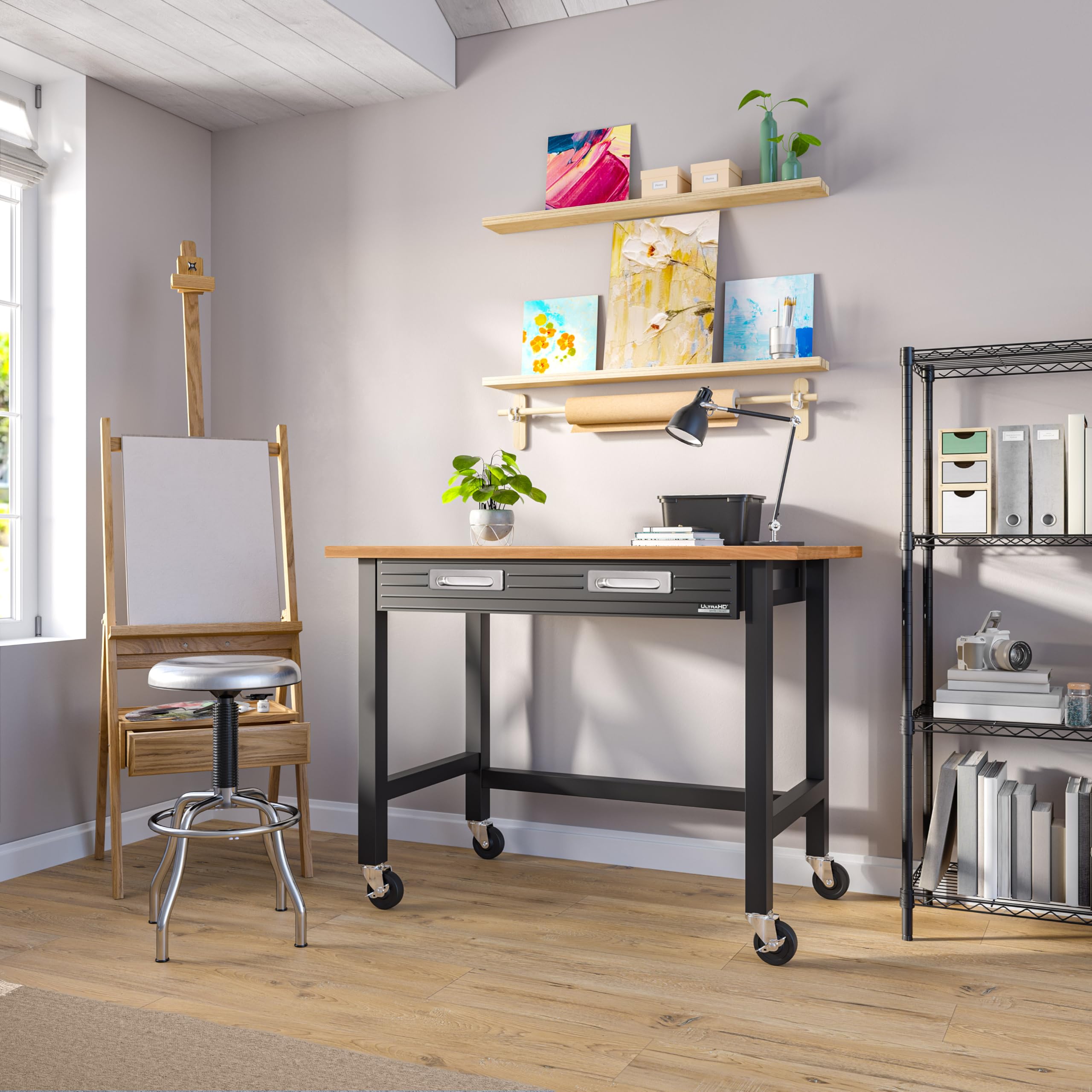 Seville Classics UltraGraphite Wood Top Workbench on Wheels with Sliding Organizer Drawer Table, 48", Graphite - Image 3