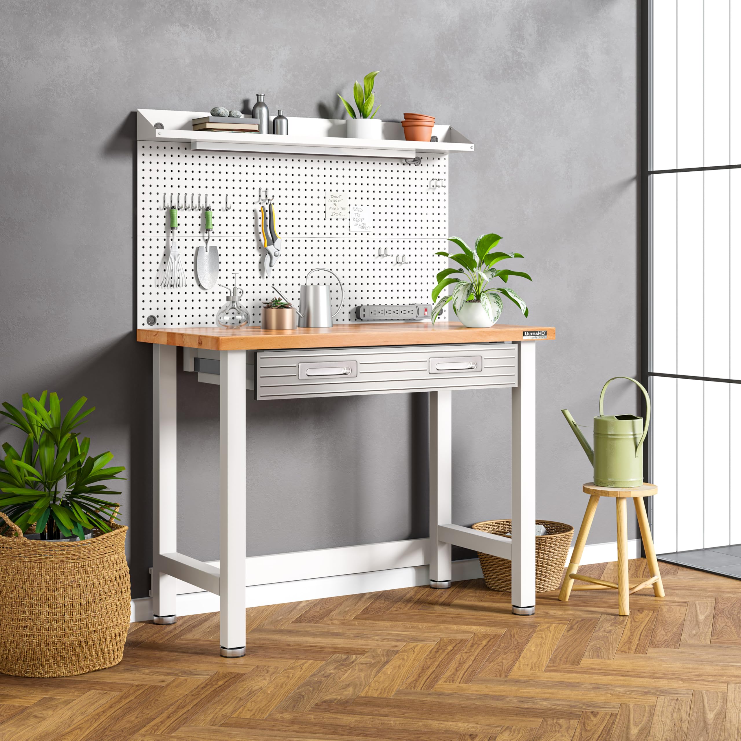 Seville Classics UltraHD Heavy Duty Commercial Lighted Workcenter w/Pegboard, 500 lbs. Weight Capacity for Garage, Warehouse, Workshop, Solid Wood Top, White, 48" W x 24" D x 65.5" H - Image 10