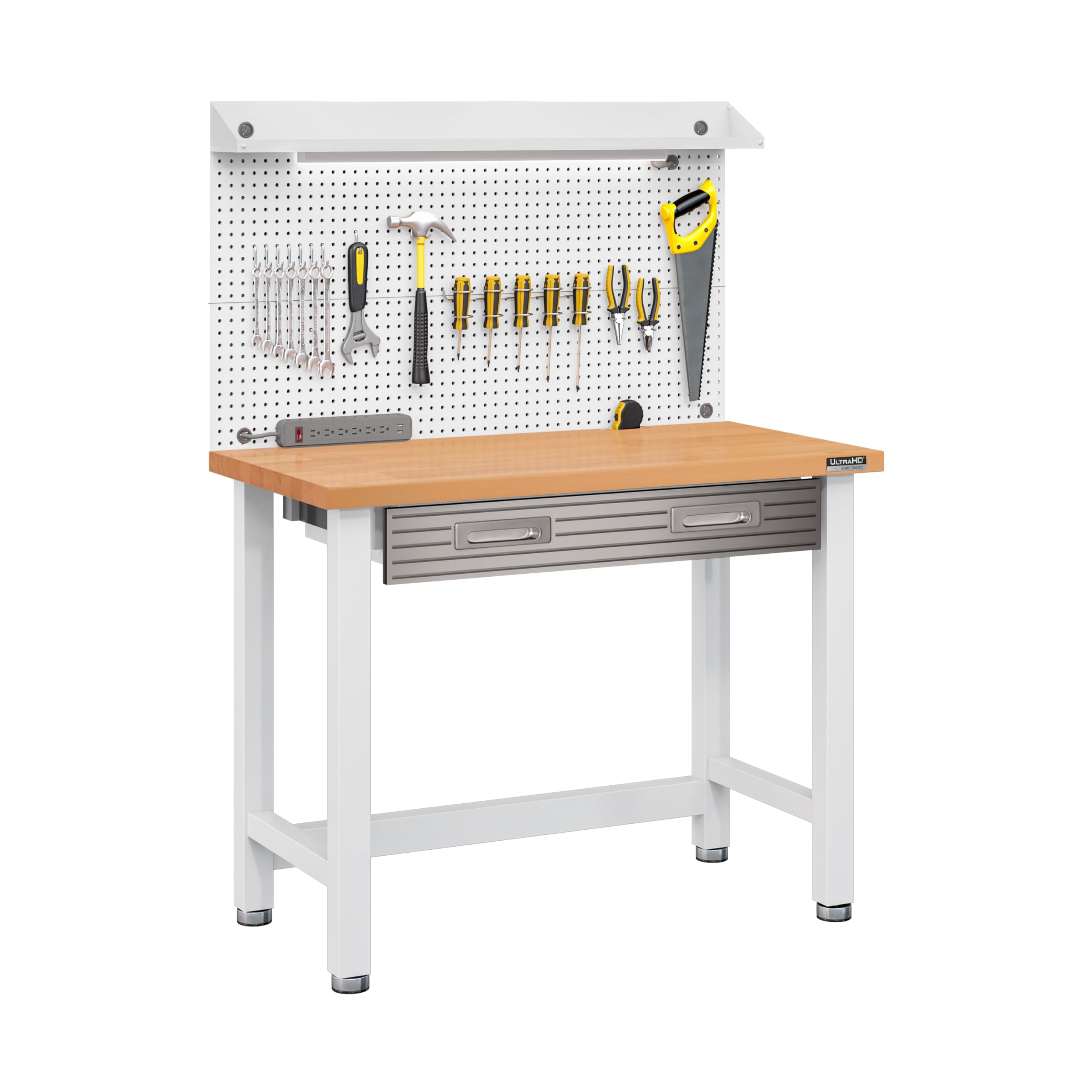 Seville Classics UltraHD Heavy Duty Commercial Lighted Workcenter w/Pegboard, 500 lbs. Weight Capacity for Garage, Warehouse, Workshop, Solid Wood Top, White, 48" W x 24" D x 65.5" H - Image 11
