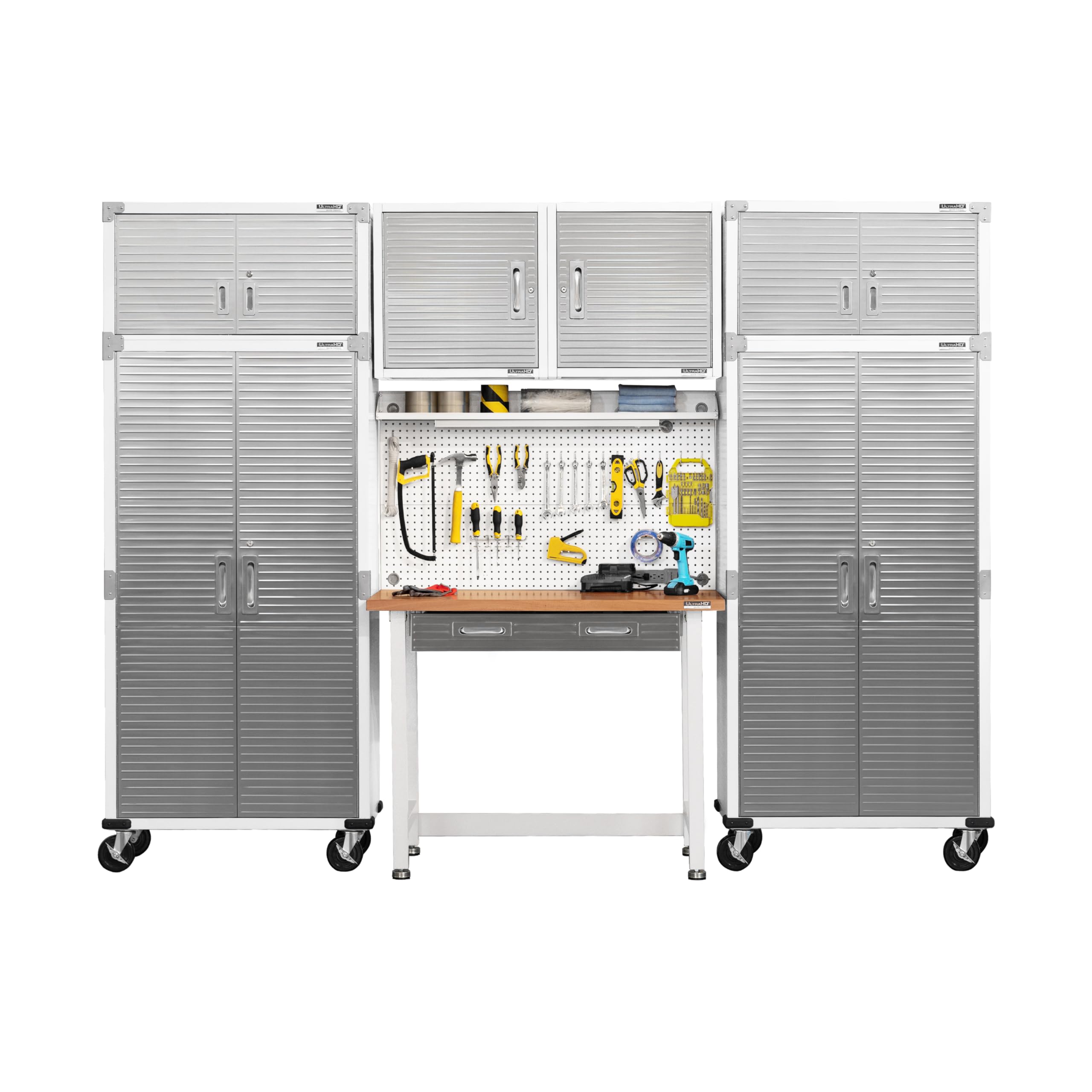 Seville Classics UltraHD Heavy Duty Commercial Lighted Workcenter w/Pegboard, 500 lbs. Weight Capacity for Garage, Warehouse, Workshop, Solid Wood Top, White, 48" W x 24" D x 65.5" H - Image 7